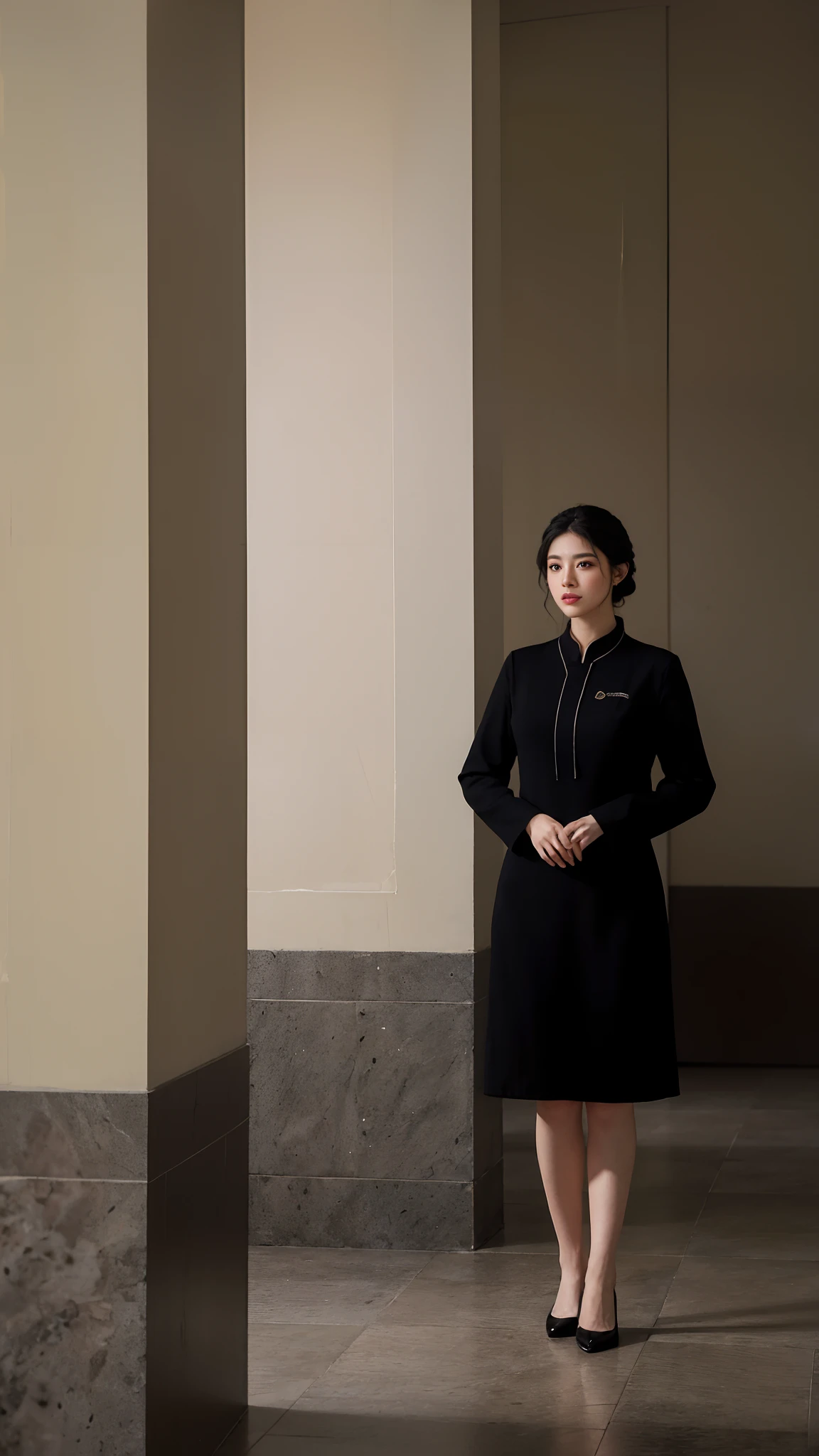 "Image customer service lady in long black dress, Clean curly hair，Stand in the hallway, Wearing a black aristocratic suit, inspired by Cheng Jiasui, [Cinematic, morningglow, november, cherry blossom, Good morning]. (Best quality, 4K, 8K, A high resolution, Masterpiece:1.2), Ultra-detailed, (Realistic, Photorealistic, photo-realistic:1.37), hdr, hyper HD, Studio lighting, Ultra-fine painting, Sharp focus, Physically-based rendering, Extreme detail description, professional, Vivid colors, Bokeh, sportrait, Romance, Warm color tones, Soft lighting."