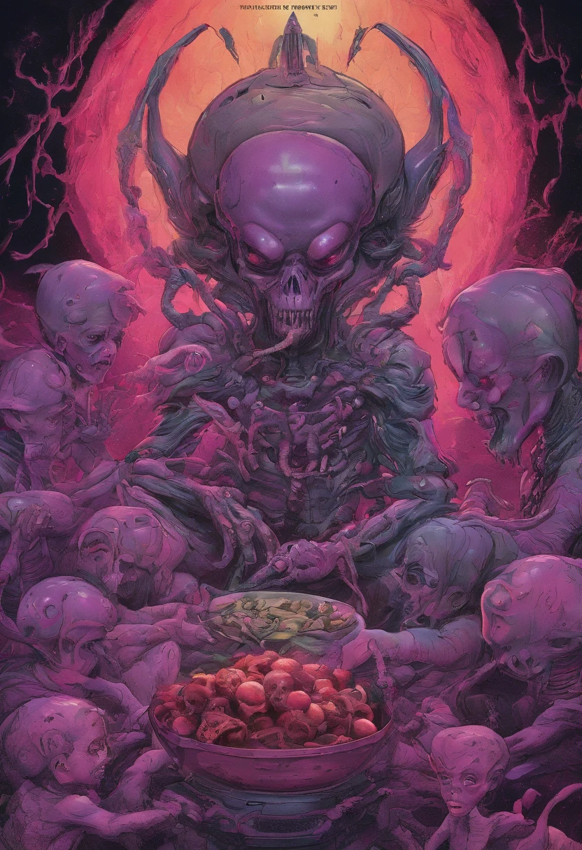 Satanic eating Chabad Lubavitch Vril, Intertel, Solomon Demons, having Sabat baby feasting together causing mass genocide, democide, suffering and pain to the people of earth, ball point pen drawing by juan francisco casas, digital painting by wataboku, illustration by Mai Yoneyama, traditional painting by Ambika Devi, trending in artstation, surreal lighting and galaxy back drop lighting and sharp contrasts, vibrant colors and highly detailed characters, featured in trending artstation 3D art