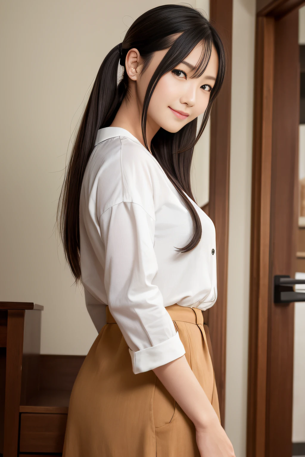 Quality, masutepiece, 超A high resolution, (Photoreal: 1.4), Front view, Half body, western clothes, famous japanese actress, a very beautiful woman, Cute, Nice smile, Cinematic 35mm lens, F/1 .8, Accent Lighting, 8K, a room, Beautiful double eyes with equal left and right eyes, Hands down, poneyTail,hotel