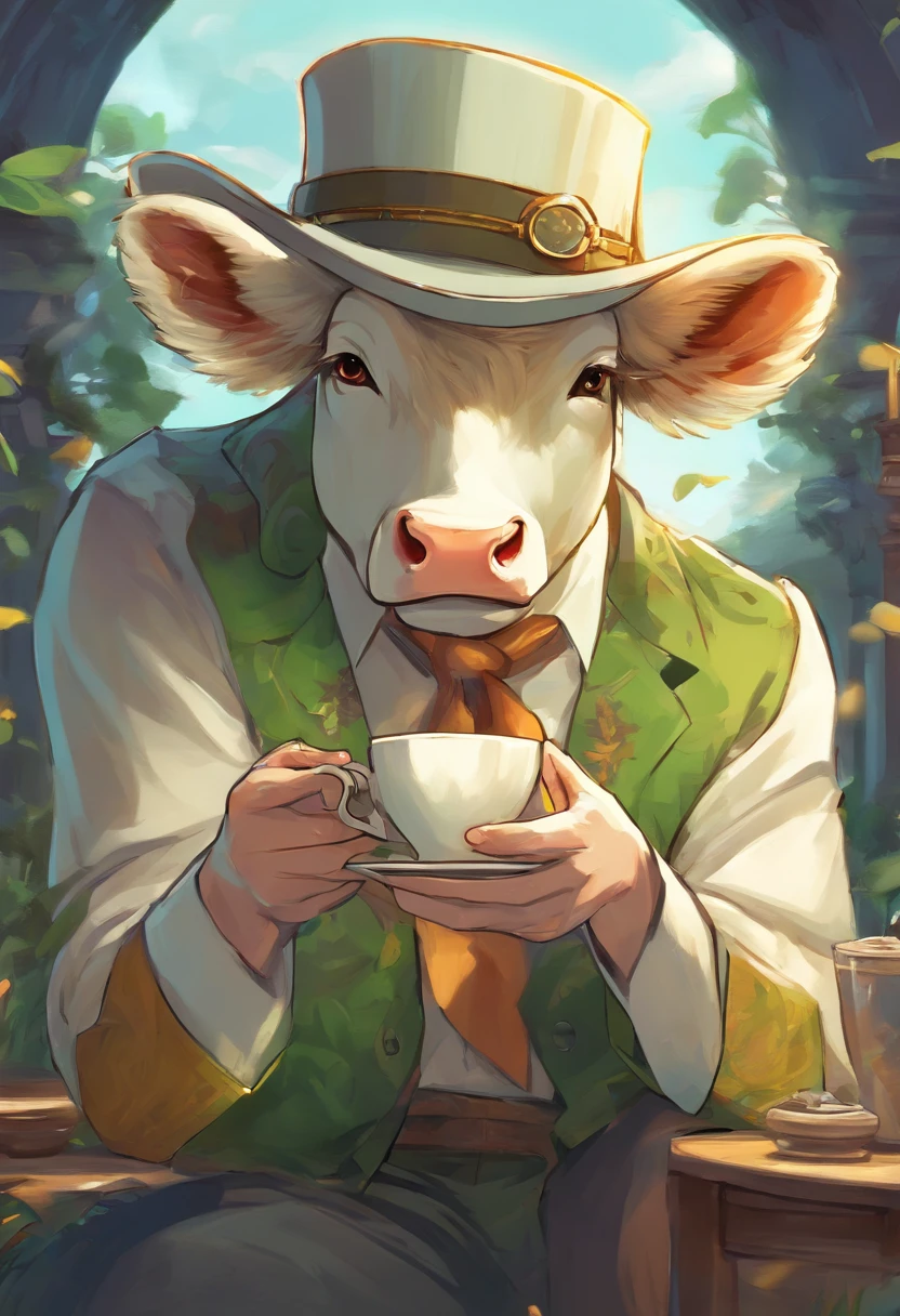 An Anime White cow Mafia boss with sun glasses drinking coffee, Perfect body, perfect facem Cinematic, Terror, horror, Green bioluminicense, HD, Dark fantasy
