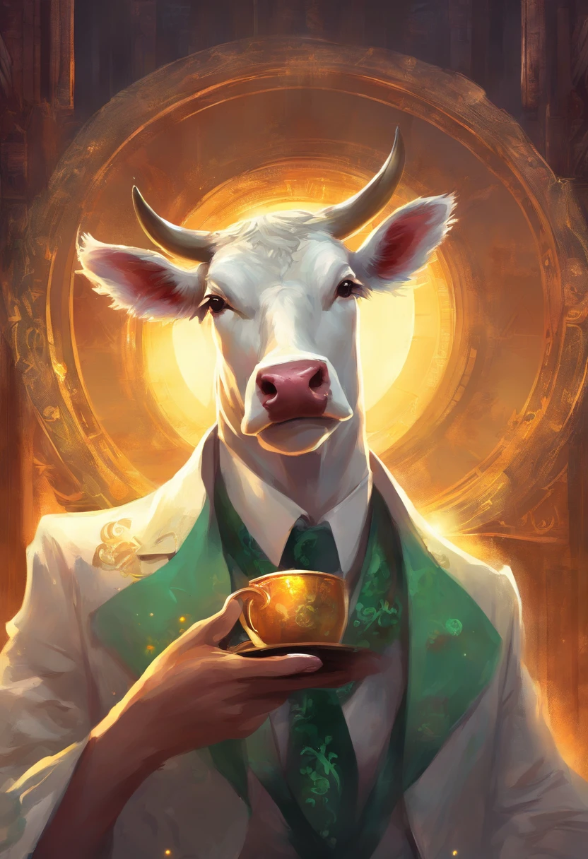 An Anime White cow Mafia boss with sun glasses drinking coffee, Perfect body, perfect facem Cinematic, Terror, horror, Green bioluminicense, HD, Dark fantasy