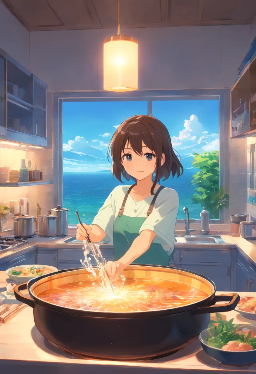 In the bright kitchen，tap,pools of water，dining table，（hot pot：1.4）