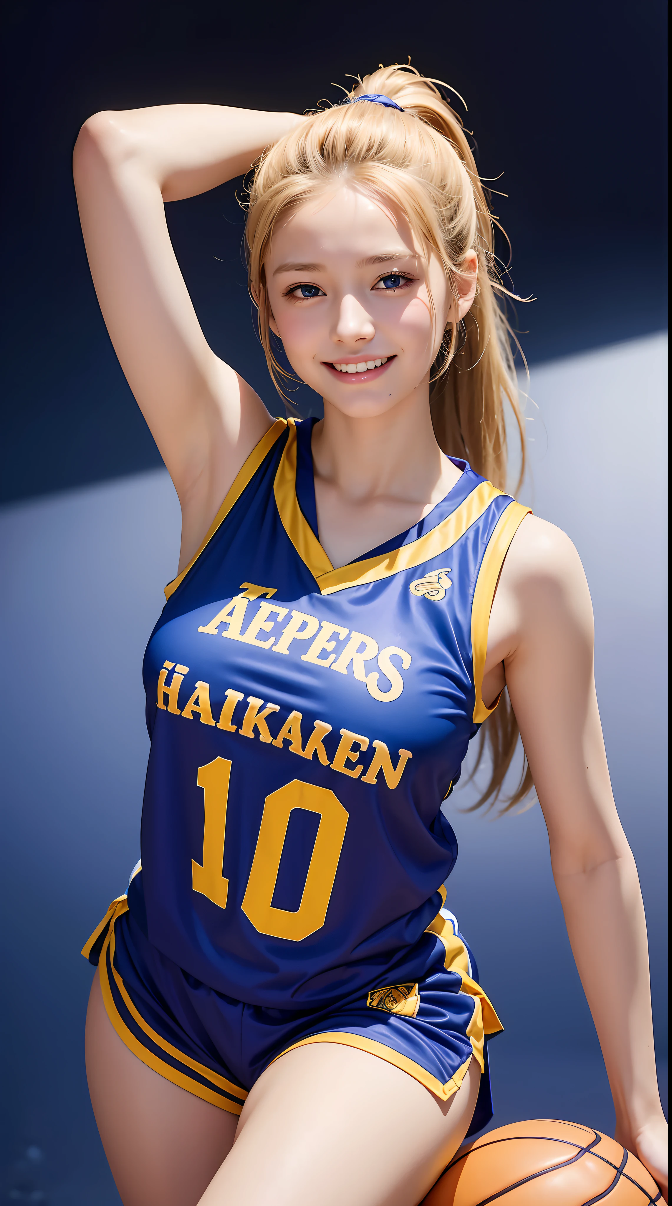 femele,12 years old,Golden head hair,Silk Basketball Uniform,Beautiful ponytail,Blue eyes,Mansuji, A smile,Colossal tits,Show the armpits,I see underwear,full body Esbian,