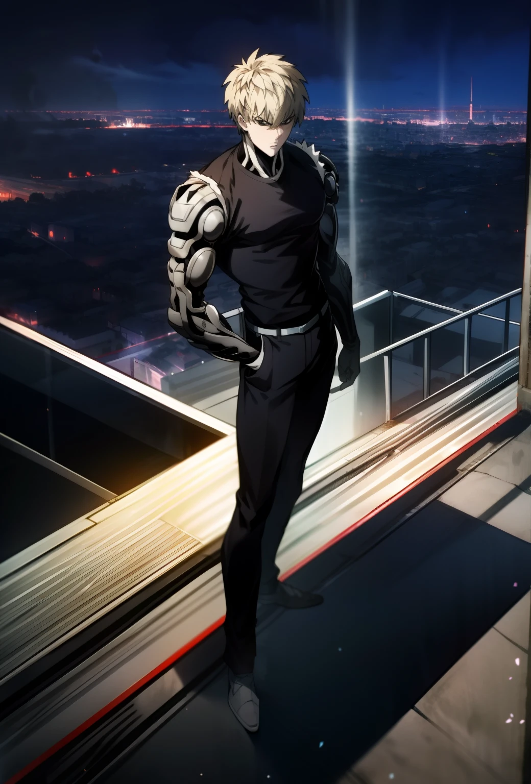 Genos, full body, black shirt, standing in battle position, standing on building, night, city view,