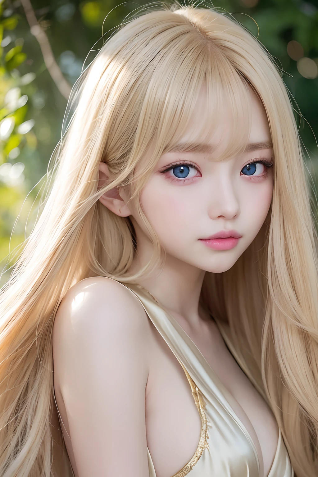 Super long blonde straight silk hair dazzling in gold、long hair between the eyes、The most beautiful girl in the world at 、Shining, Beautiful pale light blue eyes、Big double eyelid eyes、with round face、eye liner、Snow-white skin、shiny skin with shiny cheeks、Large breasts、a little bit smile、full bodyesbian、