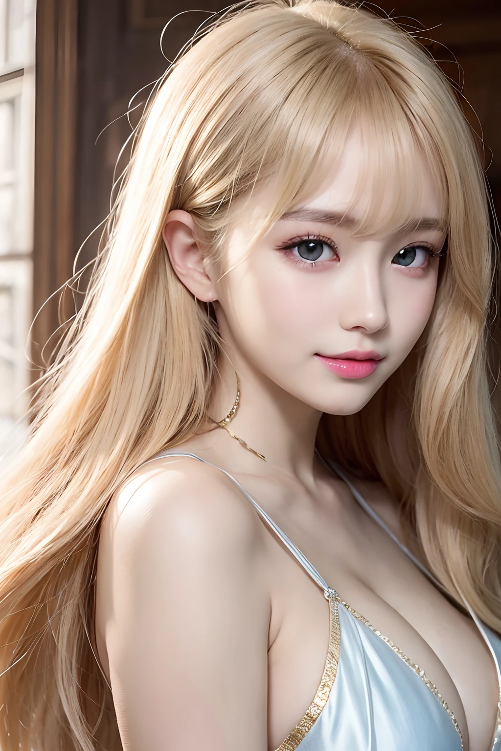 Super long blonde straight silk hair dazzling in gold、long hair between the eyes、The most beautiful girl in the world at 15 years old、Shining, Beautiful pale light blue eyes、Big double eyelid eyes、with round face、eye liner、Snow-white skin、shiny skin with shiny cheeks、Large breasts、a little bit smile、full bodyesbian、