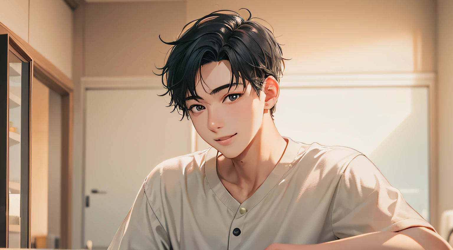 20-year-old man with short black hair、A slight smil、Face up、Alone、livingroom