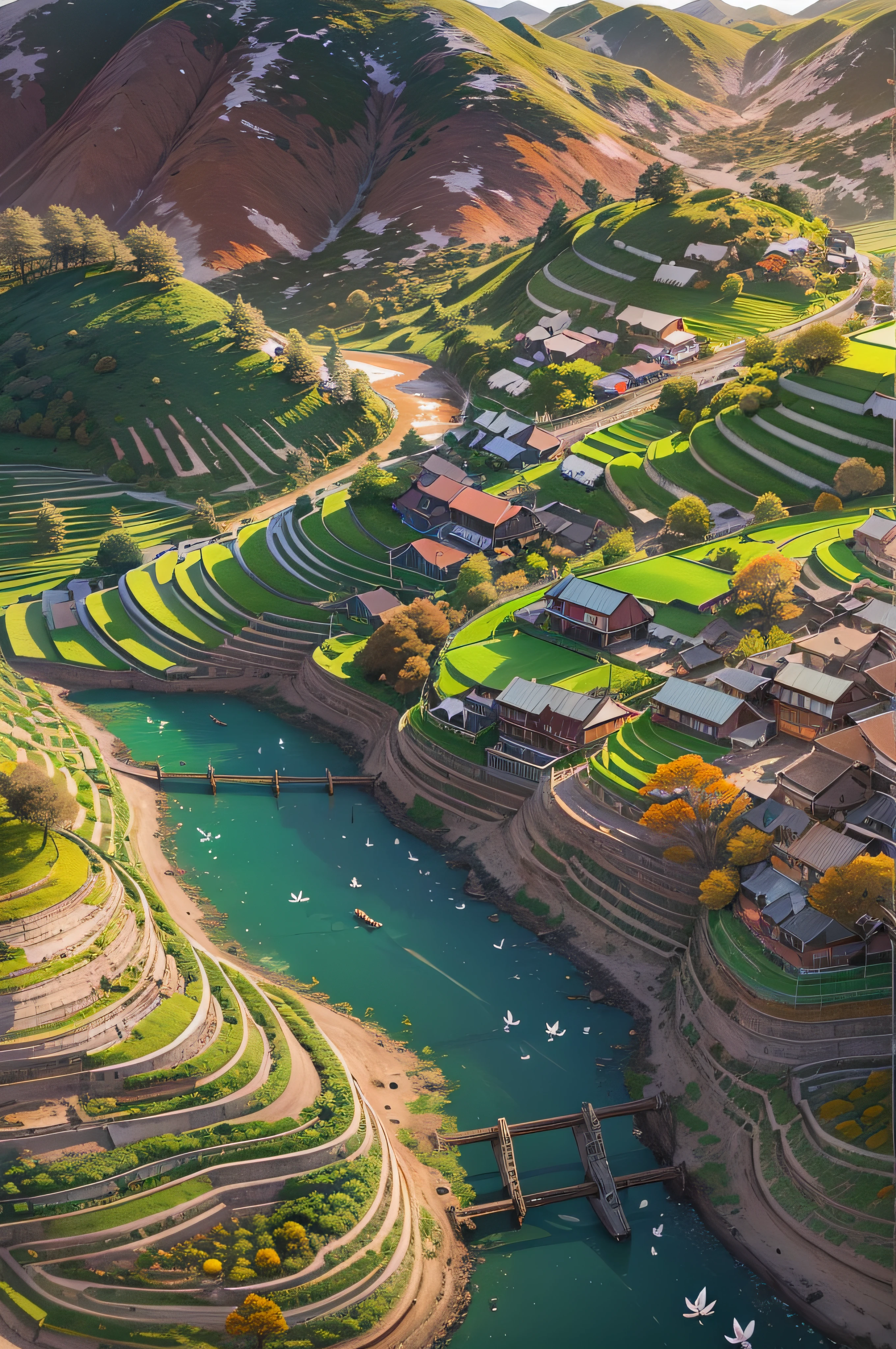 Distant scenery,Green mountains,clear blue skies,Flocks of birds fly in the sky,There are butterflies everywhere,Small river around,tussock,There are flowers on the ground,a warm color palette,terraced,ricefield,small stream,mont,8K,hyper HD, High quality,bird's eyes view,Rendering,Mountain,the trees,