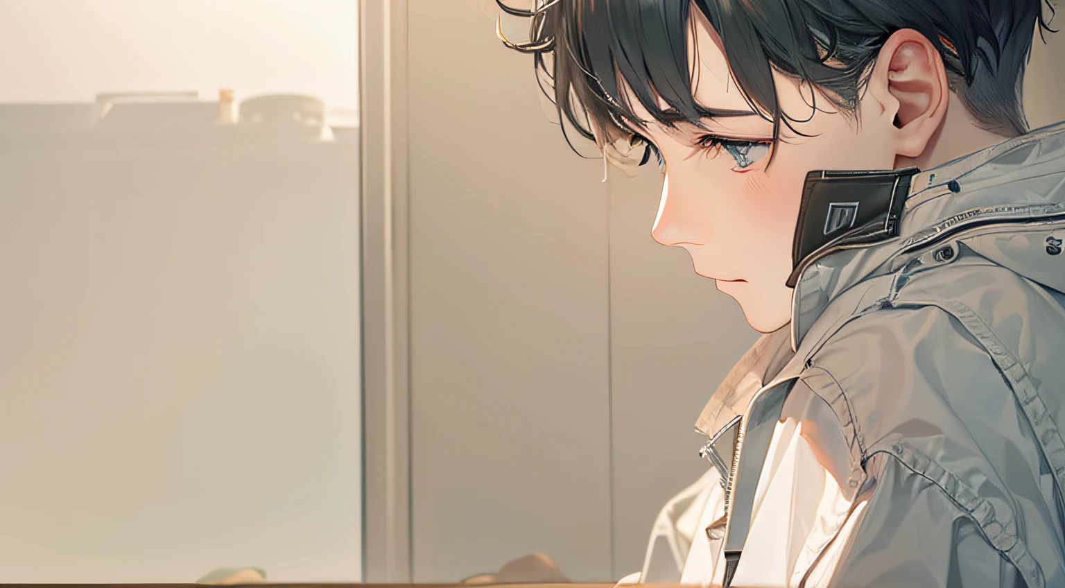 20-year-old man with short black hair、uneasy、Face up、Alone、livingroom
