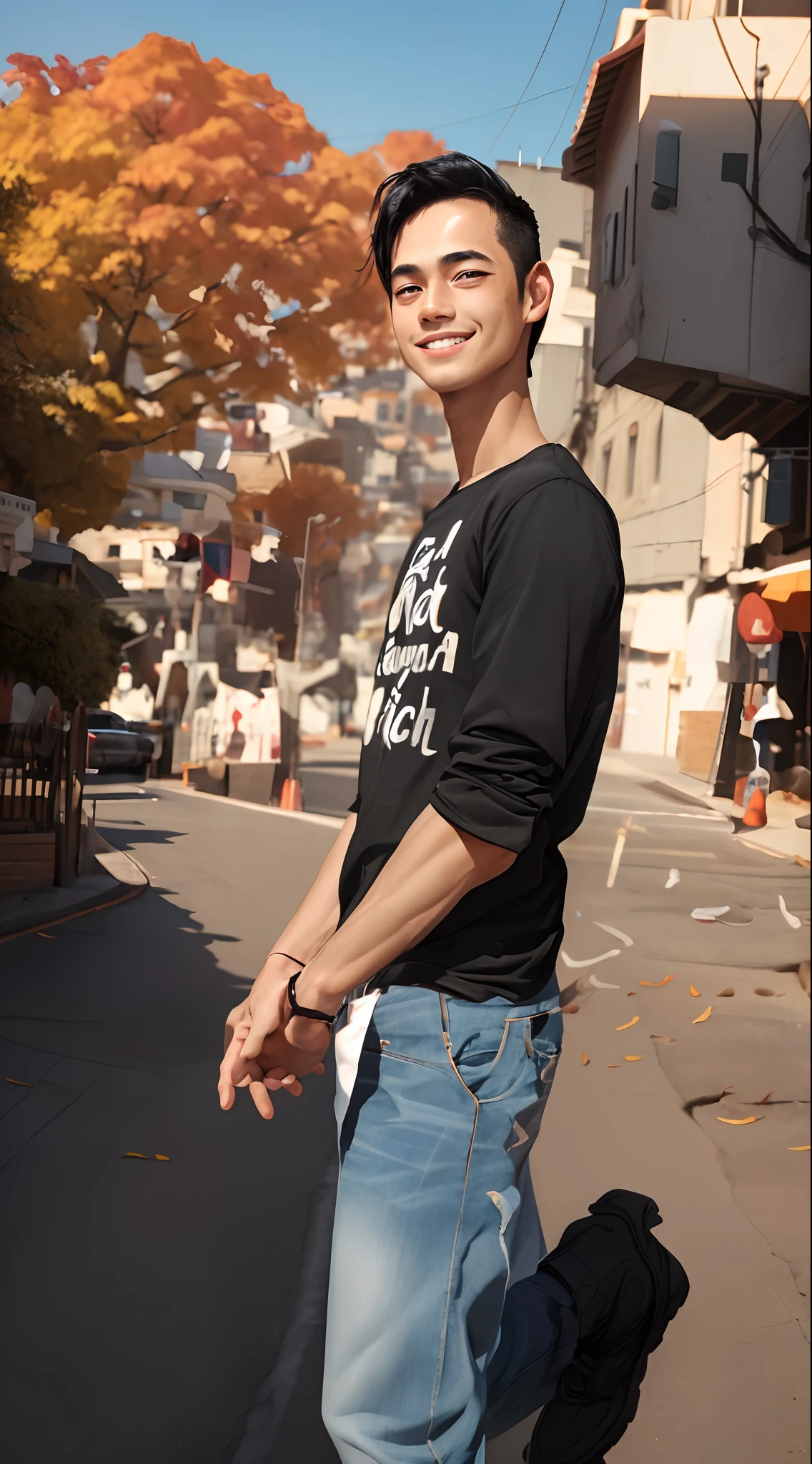 (masterpiece, best quality), 1boy, handsome face, 1boy smiling black hair,long hair,black eyes,ponytail,