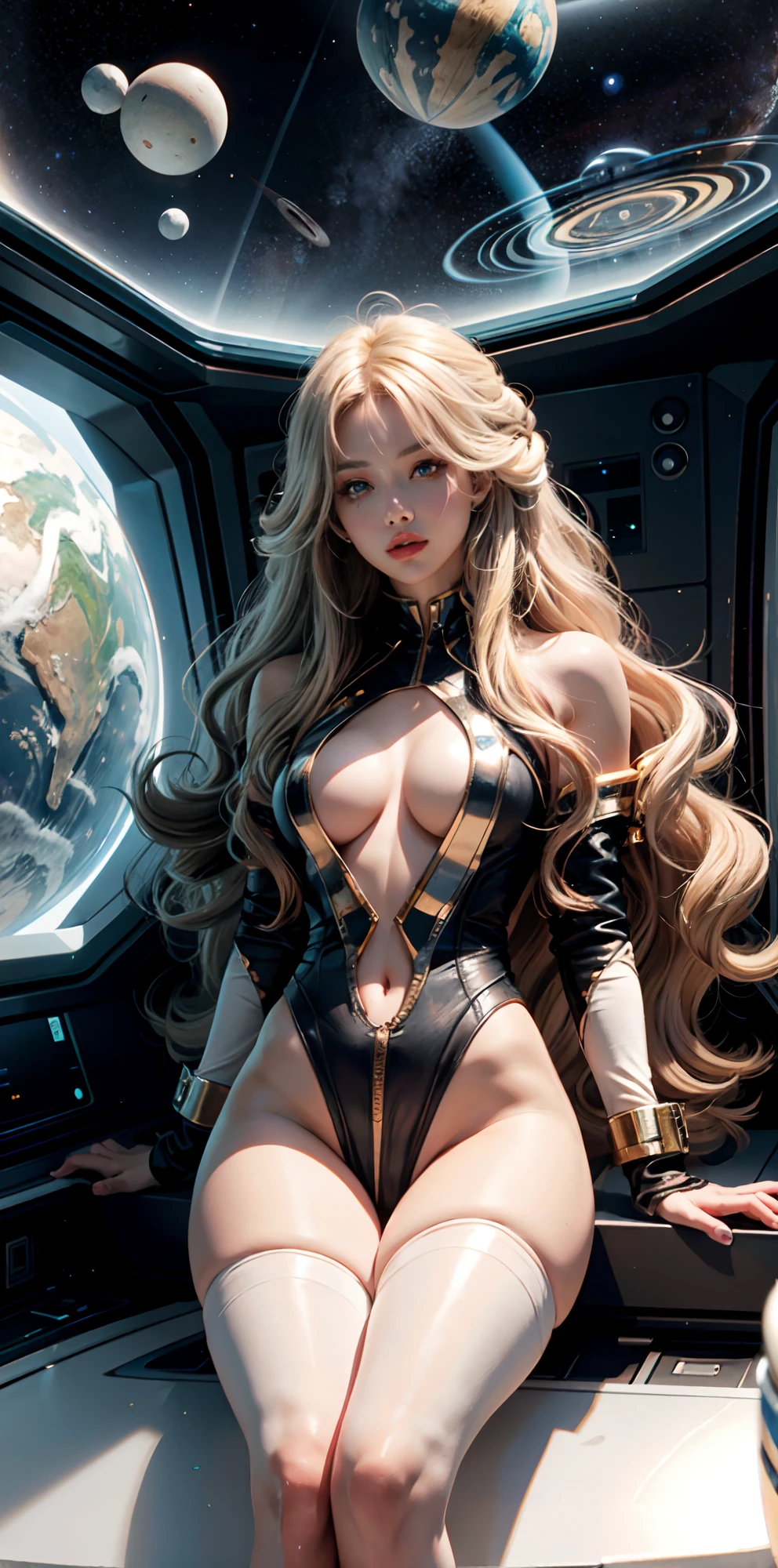 woman, long wavy hair, thick hair, blond hair, layered hair, hair touches the floor,
in a spaceship, near a giant window, 
giant planets in the back,
sexy white futuristic space clothes, revealing clothes, complex spacesuite, ornate scene, action scene, 
putting suite up, preparing for going out space,
lust face, lust pose, naughty, round ass, small ass, small boobs, large legs, open legs, legs apart, ,masterpiece,b1mb0,hourglass body shape