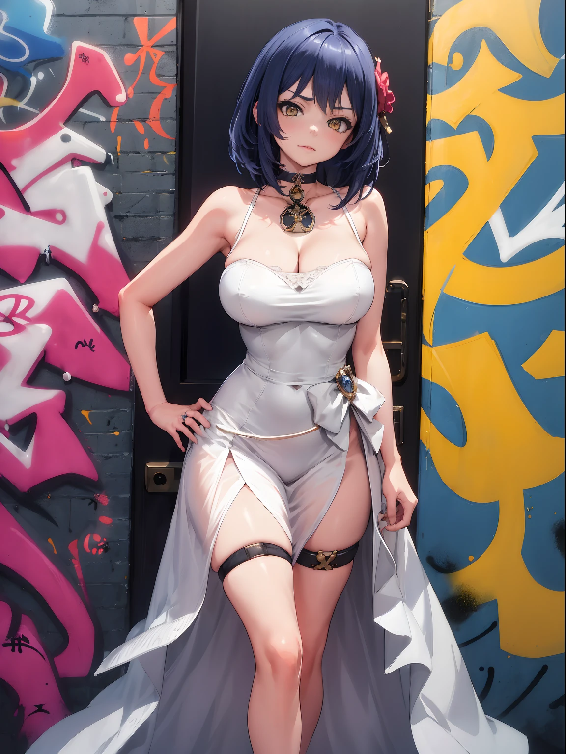 Kujou Sara|genshin impact, master-piece, bestquality, 1girls,25 years old, gigantic breasts, Wedding Dresses, White Wedding Dress, wedding,Long skirt, oversized breasts, ,bara, choker, (Graffiti:1.5), Splash with purple lightning pattern., arm behind back, against wall, Lean forward., View viewers from the front., Thigh strap, Head tilt, bored, water eyes, Show your ,