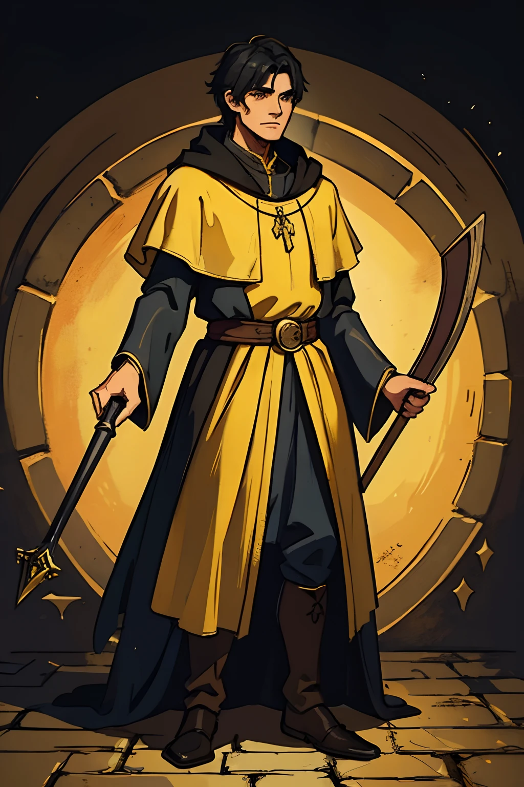 A man with short black hair He is a wizard wearing yellow medieval wizard robes A wizard for a medieval RPG RPG RPG Illustration Medieval Art RPG Medieval Illustration for Medieval RPG DND