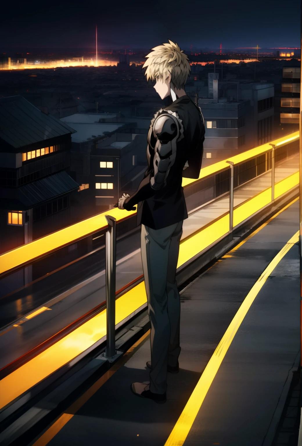 Genos, full body, black shirt, standing in battle position, standing on building, night, city view,