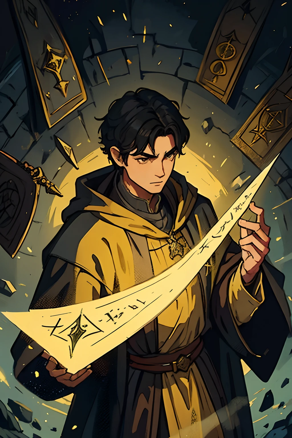 A man with short black hair He is a wizard wearing yellow medieval wizard robes A wizard for a medieval RPG RPG RPG Illustration Medieval Art RPG Medieval Illustration for Medieval RPG DND