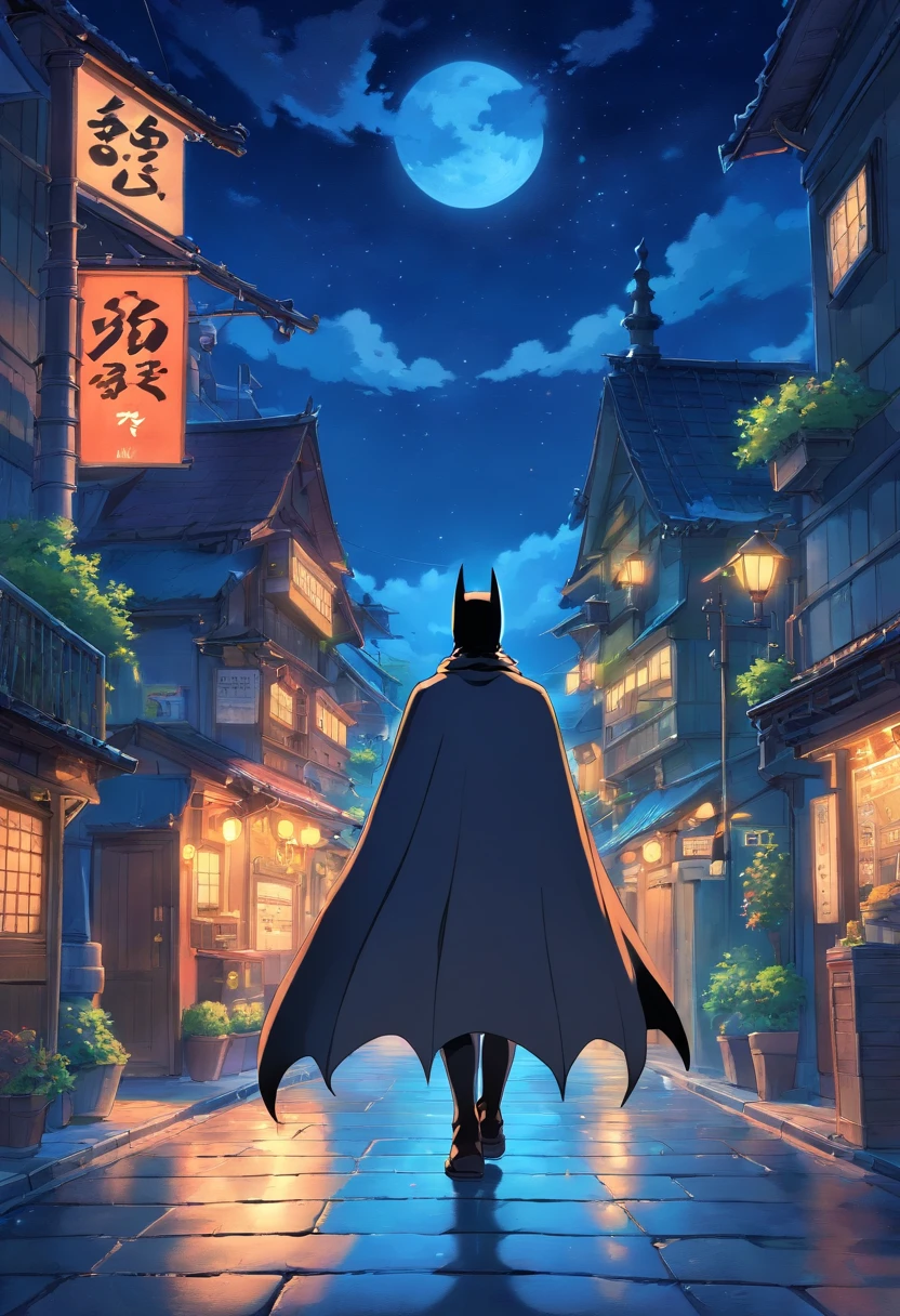 estilo anime, BATMAN, clima frio, cores frias, blue night sky, cinematic shading, CG anime