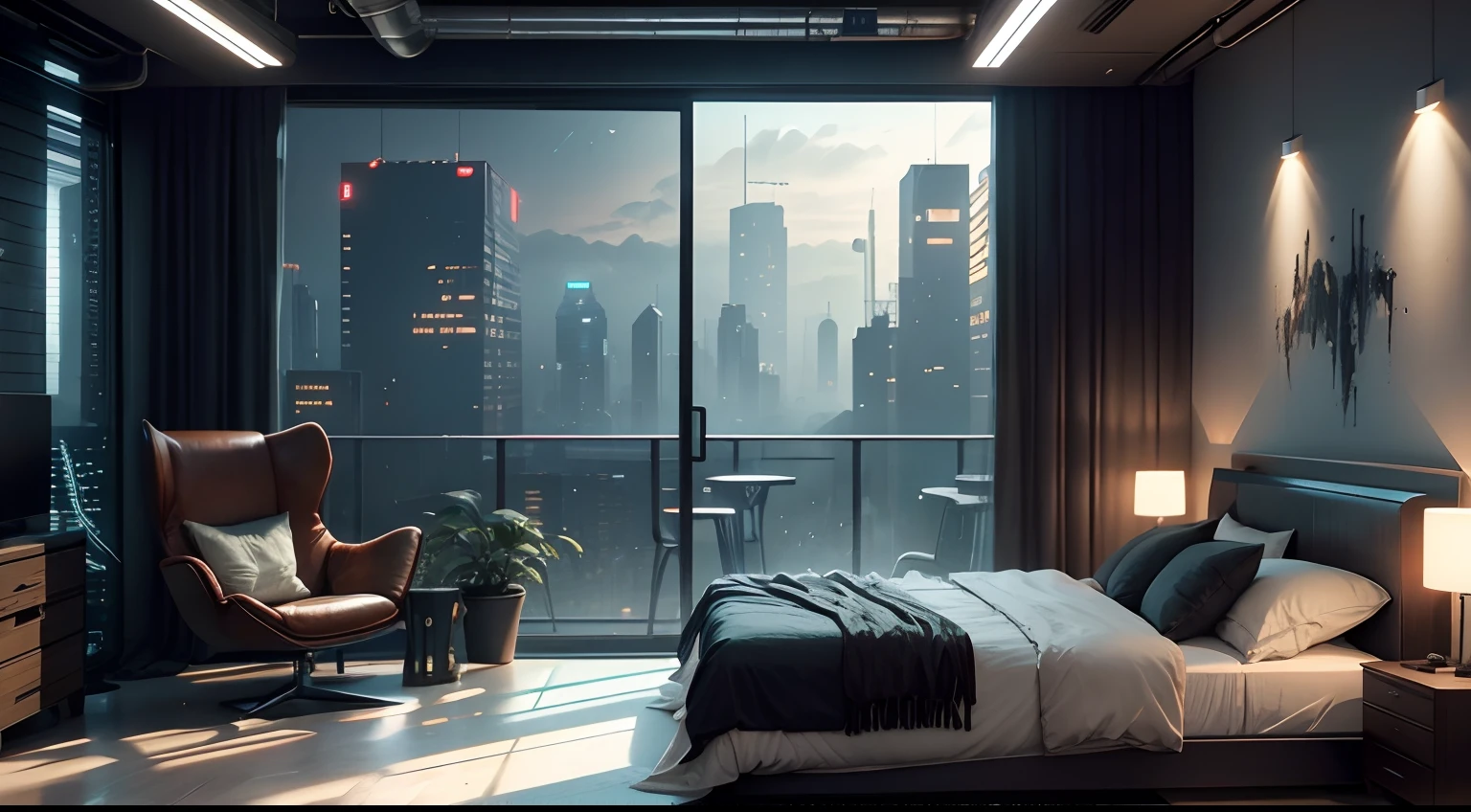 A cyberpunk bedroom with an industrial interior design style with a view.