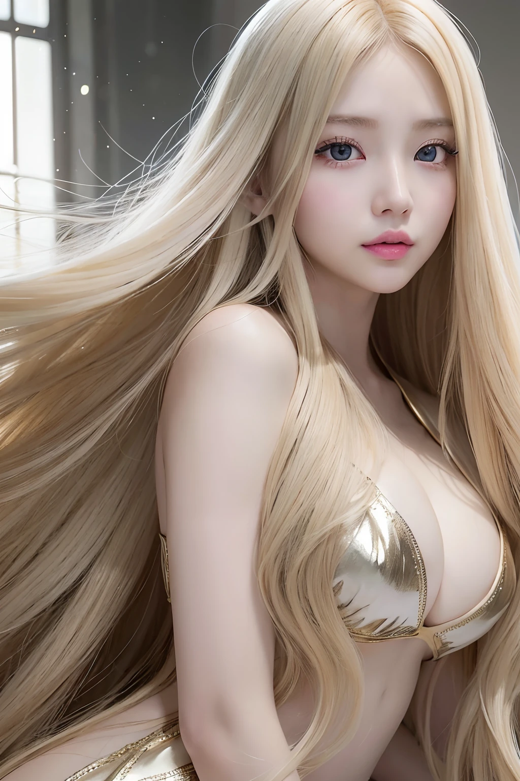 Super long blonde straight silk hair dazzling in gold、long hair between the eyes、The most beautiful girl in the world at 、Shining, Beautiful pale light blue eyes、Big double eyelid eyes、with round face、eye liner、Snow-white skin、shiny skin with shiny cheeks、Large breasts、a little bit smile、full bodyesbian、