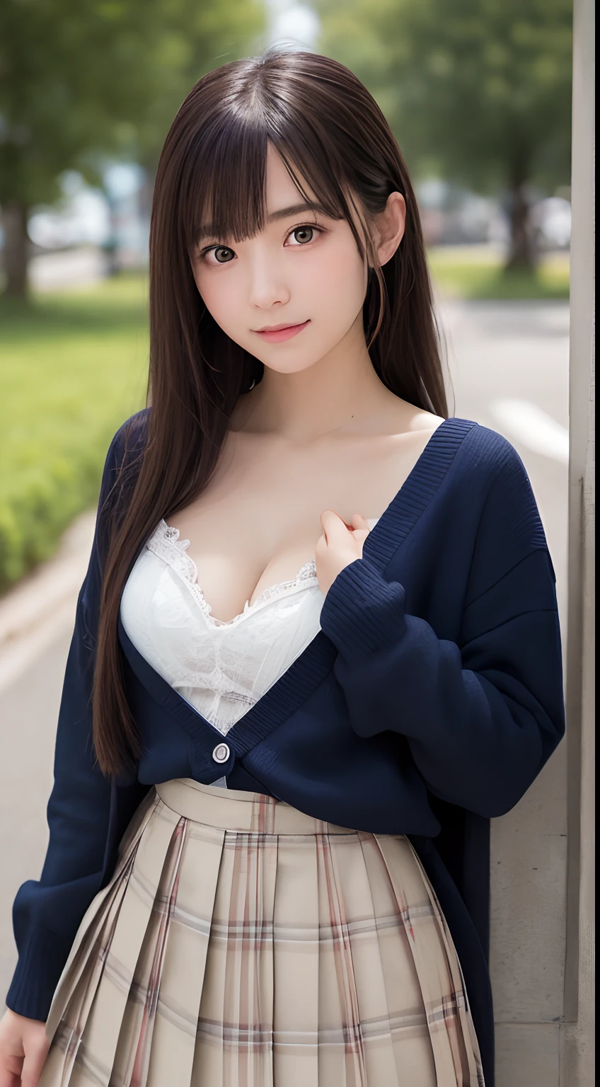 Smile、natta、Raw photography、(((Ultimate Beauty Portrait)))、((glistning skin))、女の子1人、 beautiful girl in Prague、bright expression、((brown haired))、(cleavage of the breast)、(Plaid pleated skirt:1.5)、((Big eyes that shine like jewels))、open cardigan、Open your clothes、panthyhose、Glossy glossy skin、(Medium Hair)、(Silky Ponytail Hair)、(is standing)、(frombelow)、Under the skirt、Under the skirt、(frombelow下着の接写)、eye liner、Beautiful bangs、Hair between the eyes、((​masterpiece、最hightquality、ultra-detailliert、Film Light、intricate-detail、hight resolution、ighly detailed))、细致背景、8KUHD、Digital SLR、Soft light、hightquality、Film grain、FujifilmXT3 、Shallow depth of field、natural soft light、Kamimei、Lush bust、Squatting