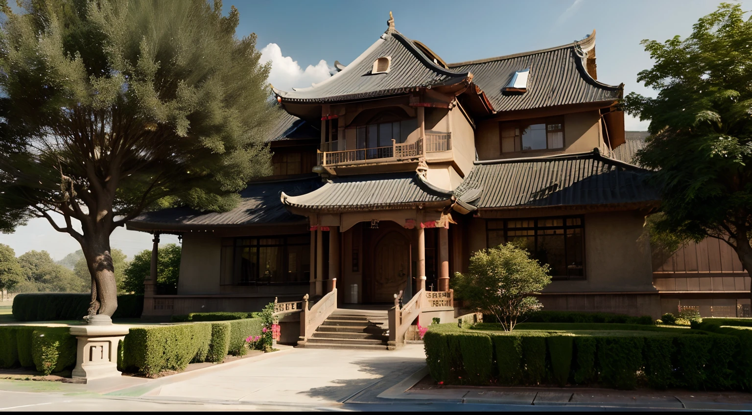 Architecture in the view of the Chinese wind tree, Peach tree
