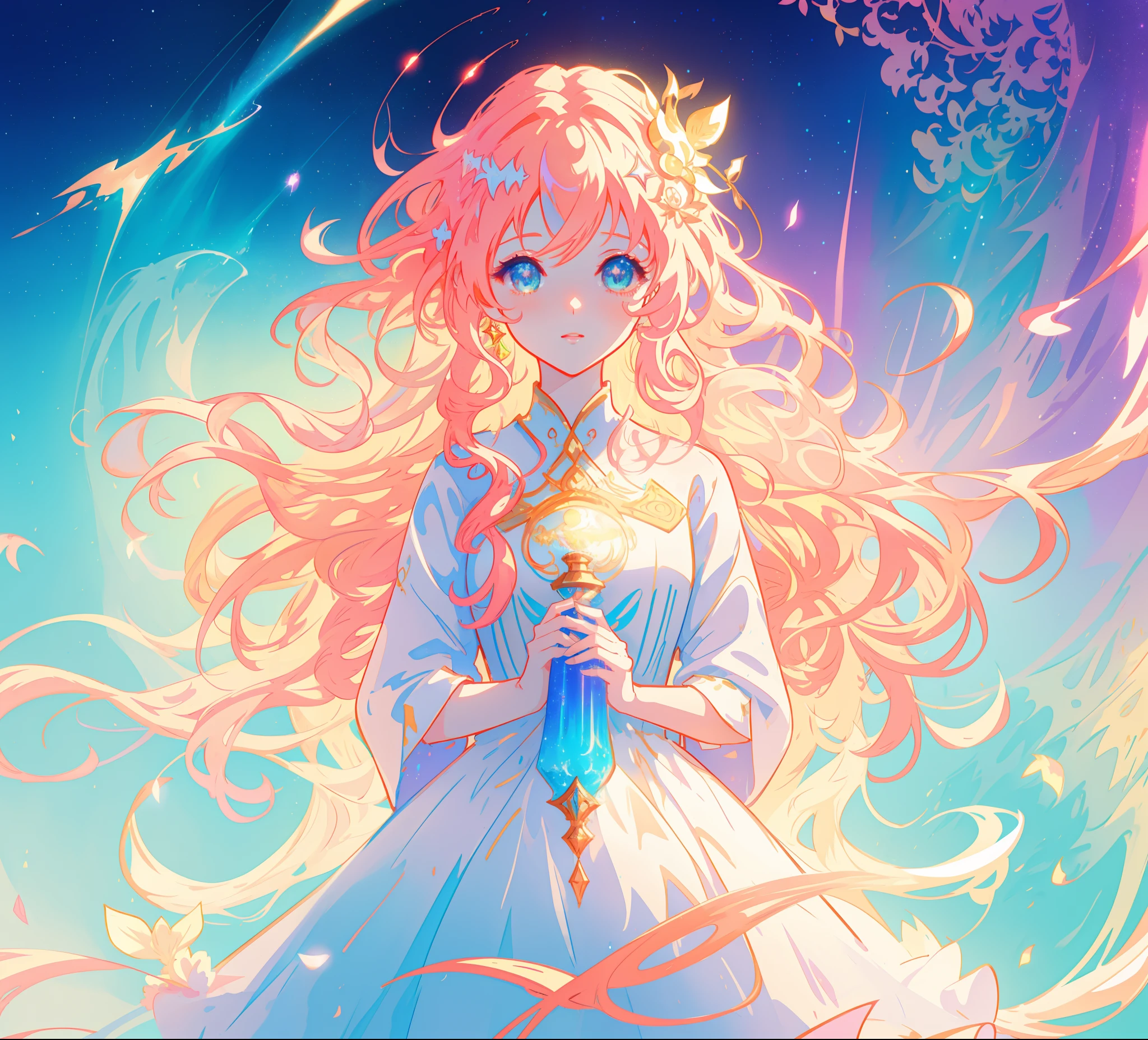 beautiful anime girl in white princess ballgown, vibrant pastel colors, (colorful), magical lights, red and gold long wavy curly hair, sparkling lines of light, inspired by Glen Keane, inspired by Lois van Baarle, disney art style, by Lois van Baarle, glowing aura around her, by Glen Keane, jen bartel, glowing lights! digital painting, flowing glowing hair, glowing flowing hair, beautiful digital illustration, fantasia background, whimsical, magical, fantasy, beautiful face, ((masterpiece, best quality)), intricate details, highly detailed, sharp focus, 8k resolution, sparkling detailed eyes, liquid watercolor