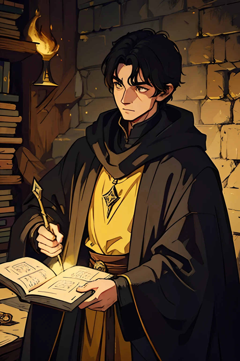 A man with short black hair He is a wizard wearing yellow medieval wizard robes A wizard for a medieval RPG RPG RPG Illustration Medieval Art RPG Medieval Illustration for Medieval RPG DND