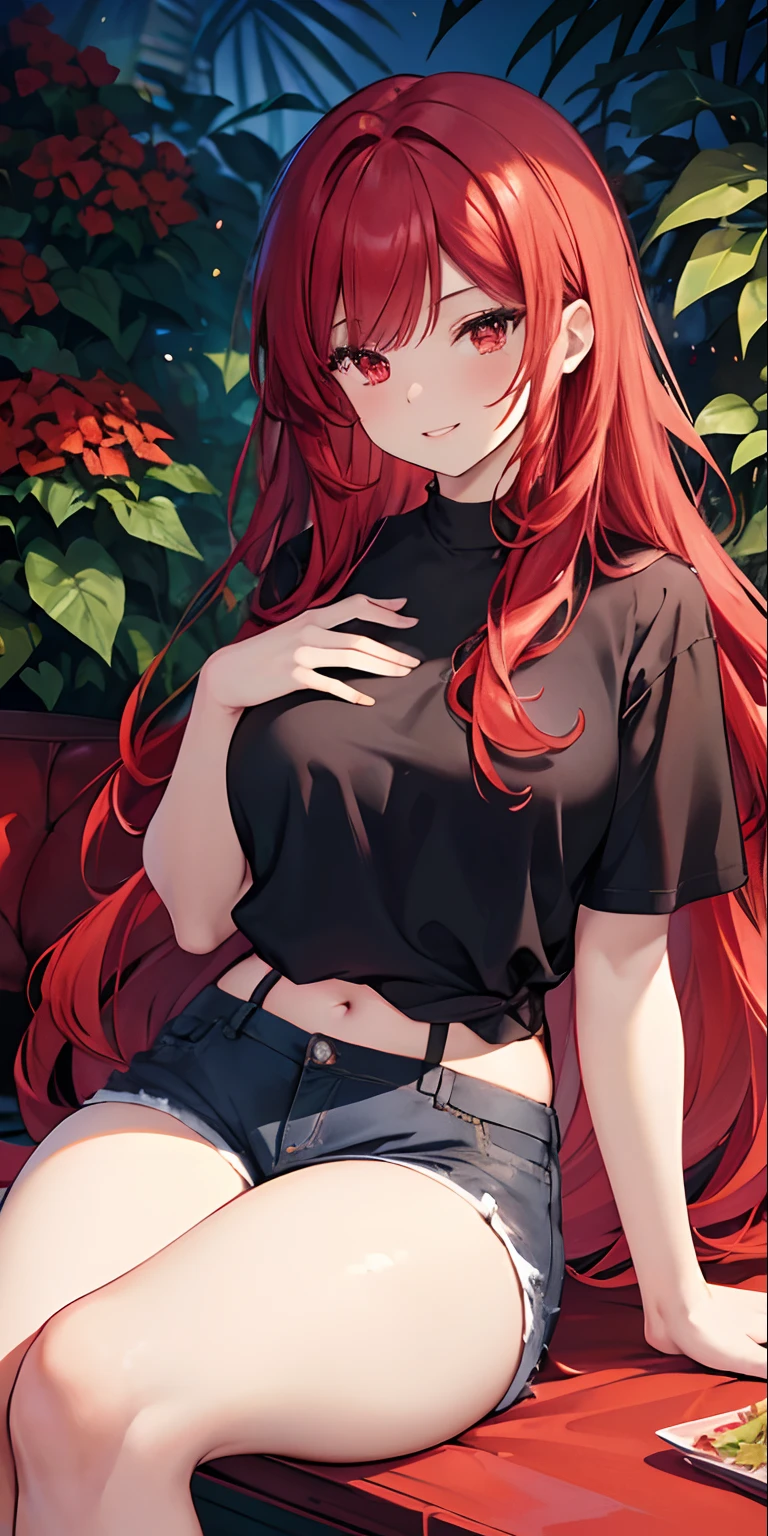 (masterpiece, best quality),1 adult girl with long red hair sitting in a field of red plants and red flowers, mouth, lips, teeth, smiling, red eyes, hand under chin, warm lighting, short black shirt , perfect belly, ripped jeans, medium chest, waist, thick legs, thick thighs, blurred foreground