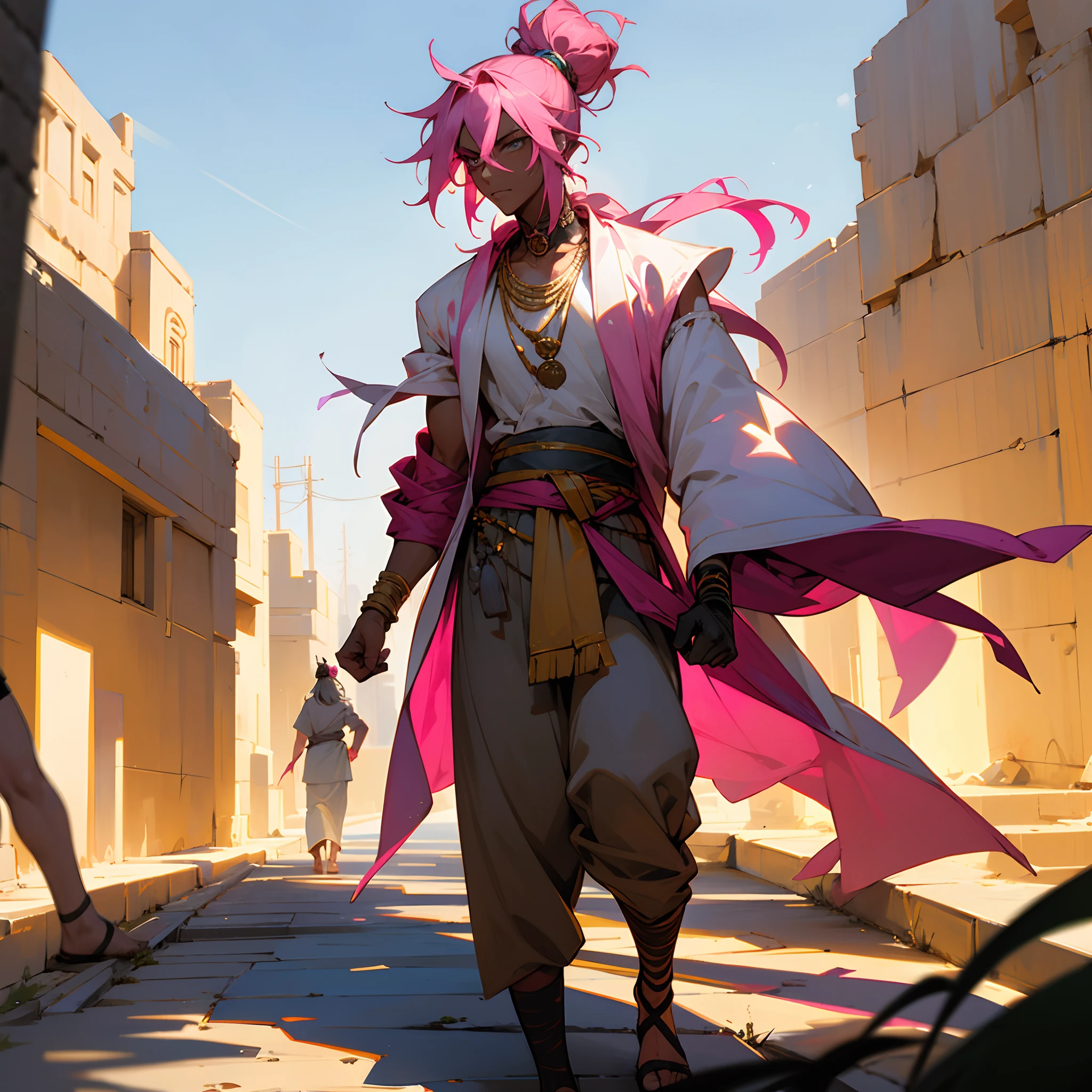 1male, dark skin, messy pink hair man bun, grey eyes, loose egyptian fancy clothes, jewelry, bandages wrapped around arms, posing with hands in pocket, best light and shadows, oasis city, walking down path, solo