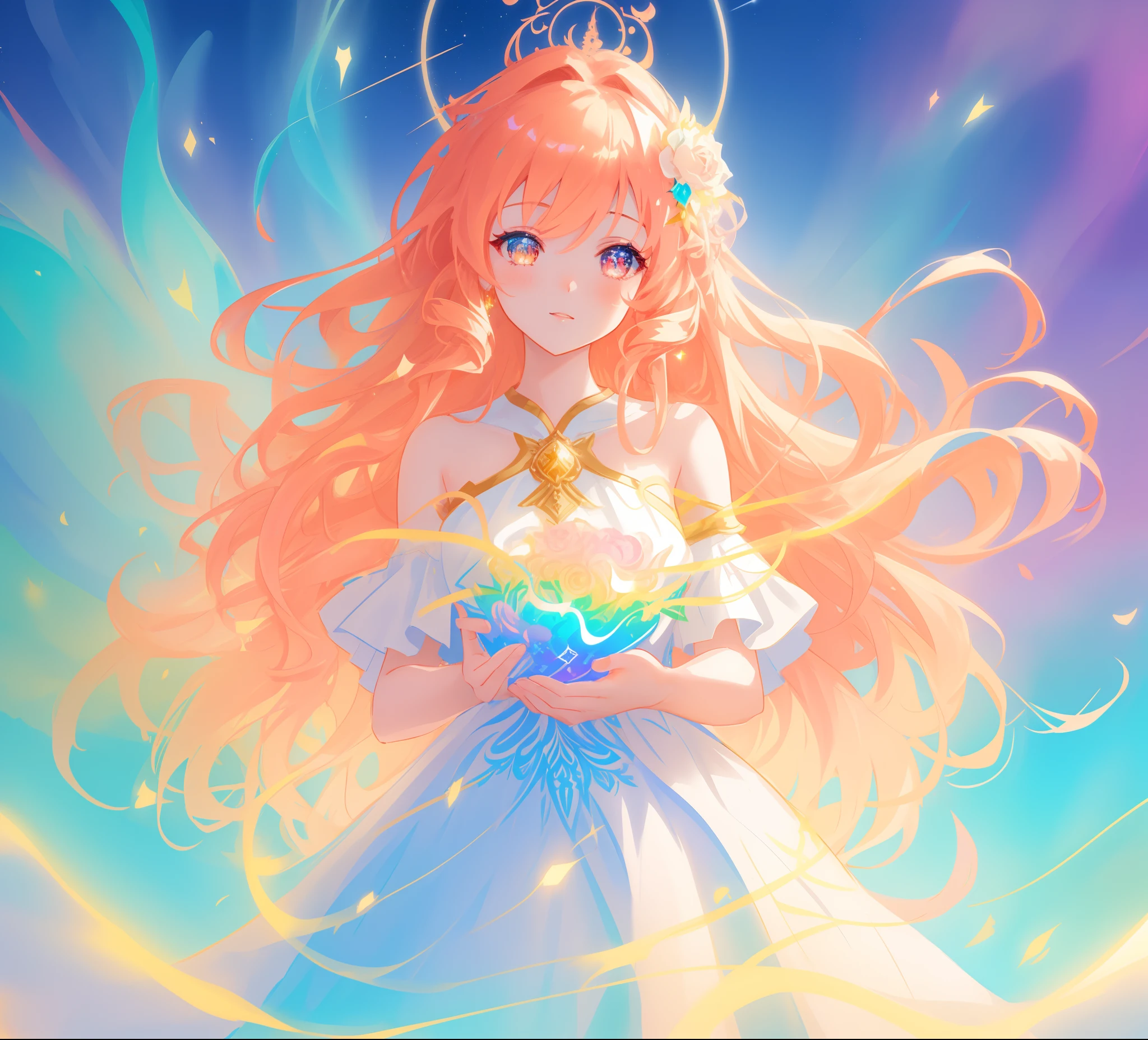 beautiful anime girl in white princess ballgown, vibrant pastel colors, (colorful), magical lights, red and gold long wavy curly hair, sparkling lines of light, inspired by Glen Keane, inspired by Lois van Baarle, disney art style, by Lois van Baarle, glowing aura around her, by Glen Keane, jen bartel, glowing lights! digital painting, flowing glowing hair, glowing flowing hair, beautiful digital illustration, fantasia background, whimsical, magical, fantasy, beautiful face, ((masterpiece, best quality)), intricate details, highly detailed, sharp focus, 8k resolution, sparkling detailed eyes, liquid watercolor