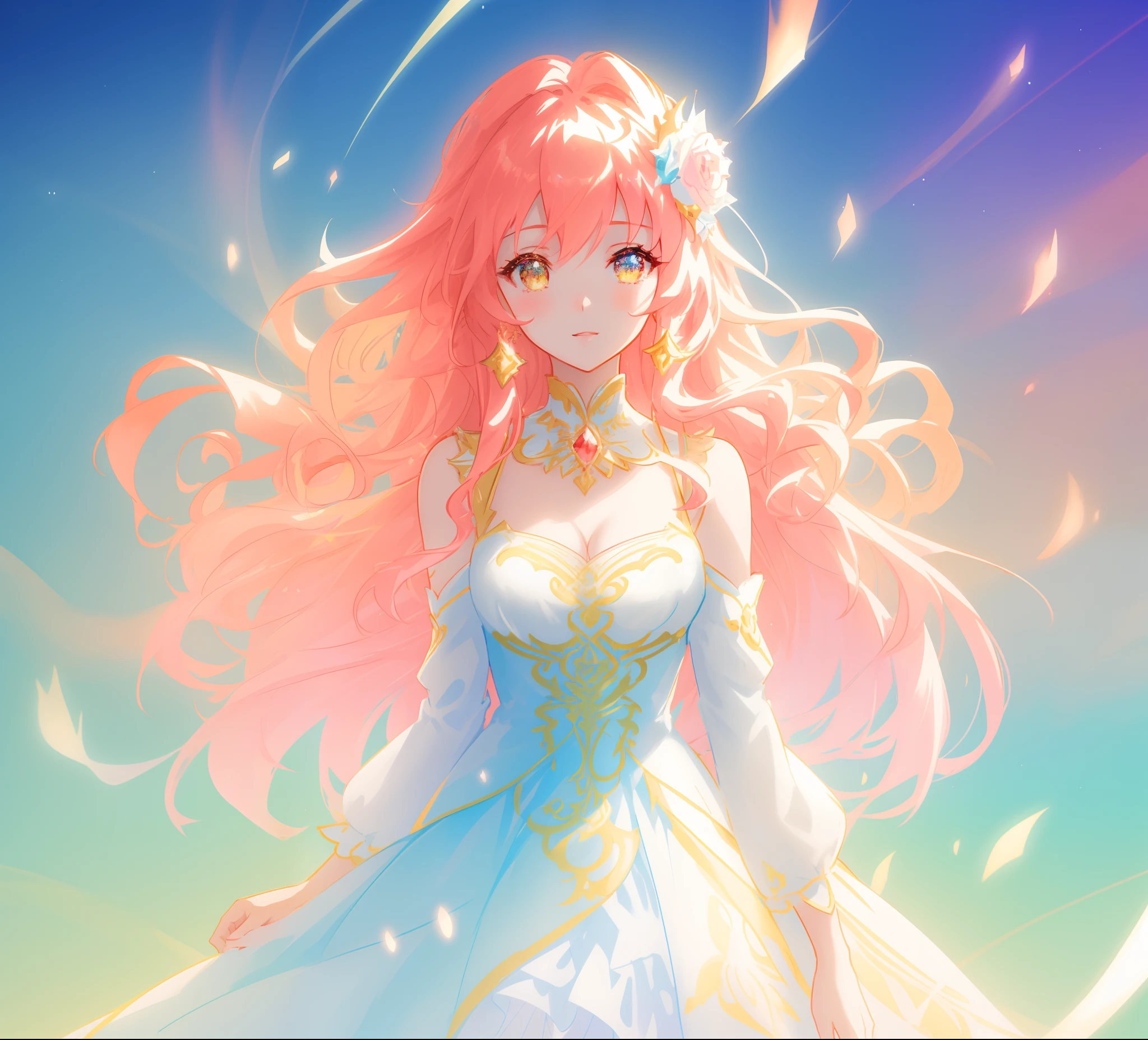 beautiful anime girl in white princess ballgown, vibrant pastel colors, (colorful), magical lights, red and gold long wavy curly hair, sparkling lines of light, inspired by Glen Keane, inspired by Lois van Baarle, disney art style, by Lois van Baarle, glowing aura around her, by Glen Keane, jen bartel, glowing lights! digital painting, flowing glowing hair, glowing flowing hair, beautiful digital illustration, fantasia background, whimsical, magical, fantasy, beautiful face, ((masterpiece, best quality)), intricate details, highly detailed, sharp focus, 8k resolution, sparkling detailed eyes, liquid watercolor