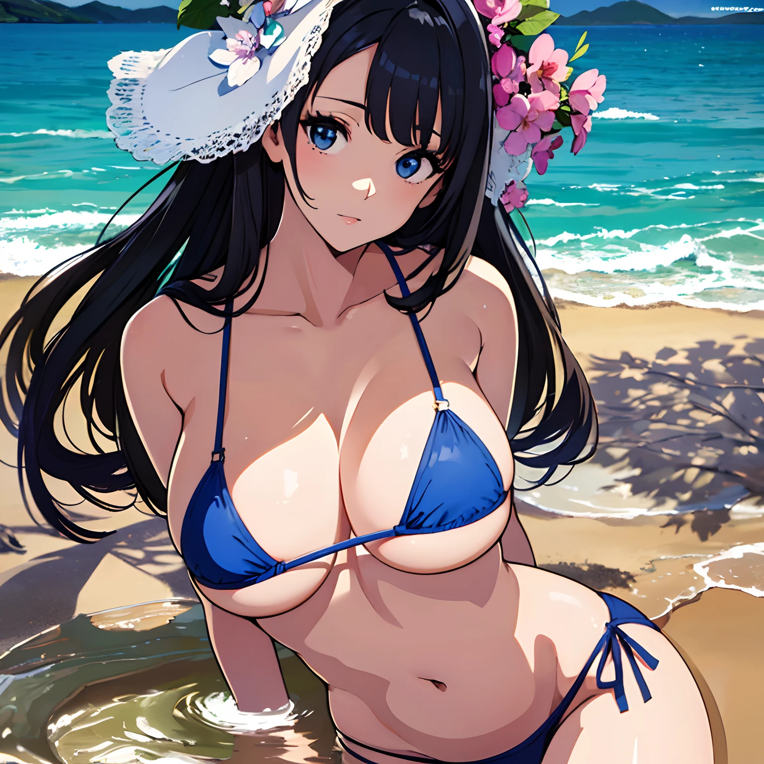 (Best Quality, 8K, masutepiece :1.3),((beautiful boob,protruding areola,,)),Highly detailed,Blue Micro Bikini,Midsummer beach,Blue Sea,A dark-haired