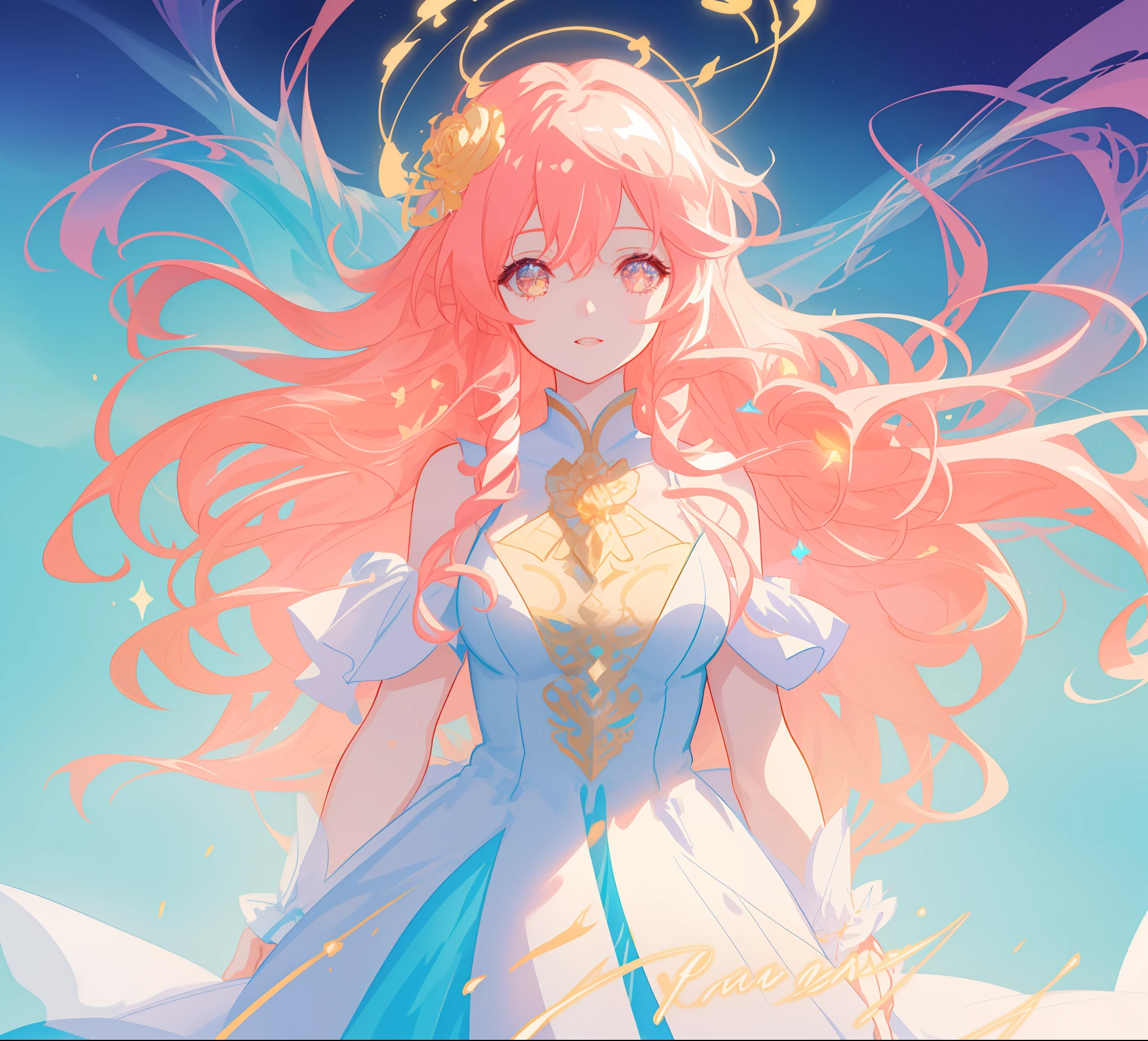 beautiful anime girl in white princess ballgown, vibrant pastel colors, (colorful), magical lights, red and gold long wavy curly hair, sparkling lines of light, inspired by Glen Keane, inspired by Lois van Baarle, disney art style, by Lois van Baarle, glowing aura around her, by Glen Keane, jen bartel, glowing lights! digital painting, flowing glowing hair, glowing flowing hair, beautiful digital illustration, fantasia background, whimsical, magical, fantasy, beautiful face, ((masterpiece, best quality)), intricate details, highly detailed, sharp focus, 8k resolution, sparkling detailed eyes, liquid watercolor