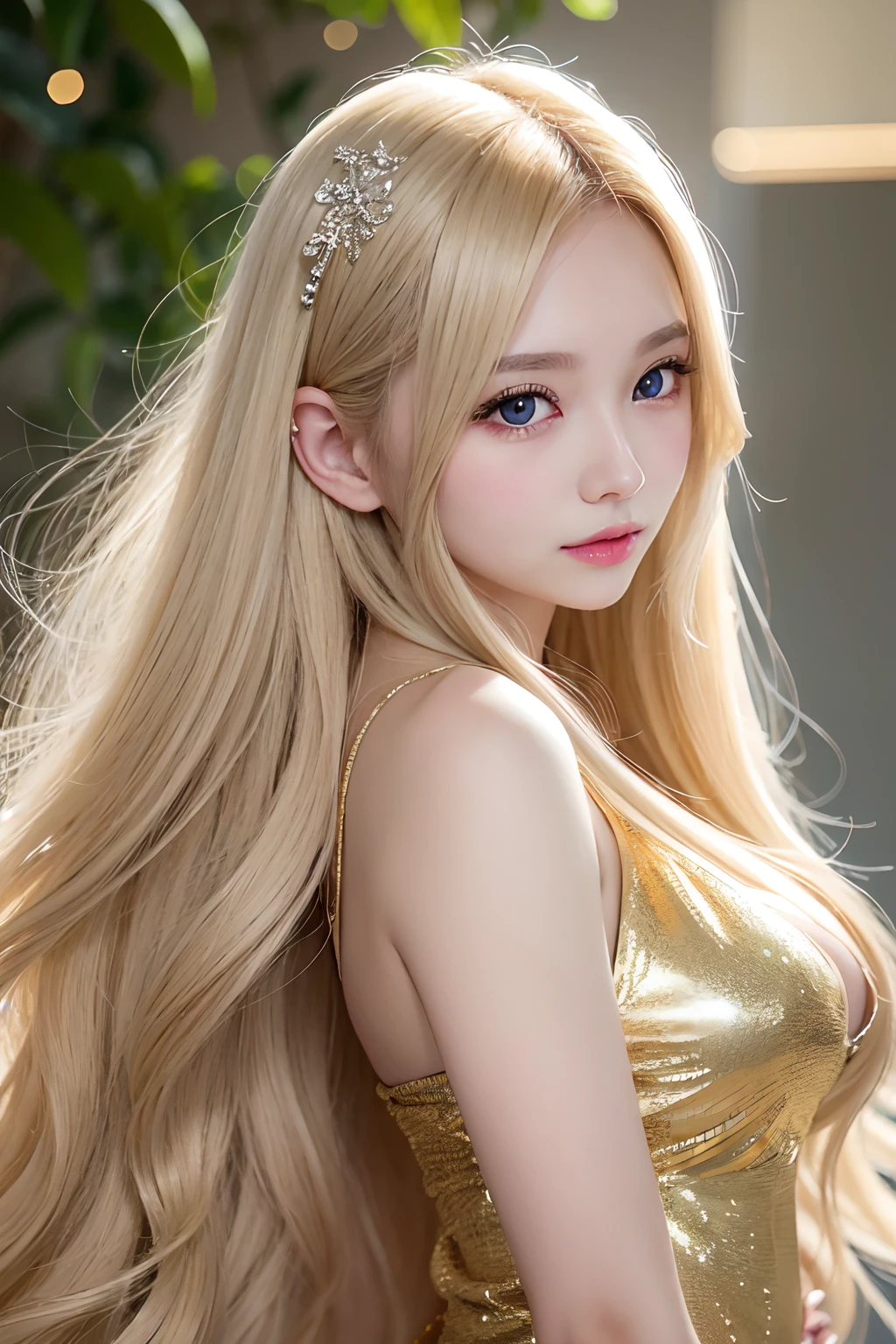 sexy big breasts、 beautiful girl sexy cute looks and cute, beautiful and sexy face、The strong wind blows the hair in front of my face、Beautiful long metallic blonde straight hair with beautiful cute and sexy eyes hidden in her long bangs