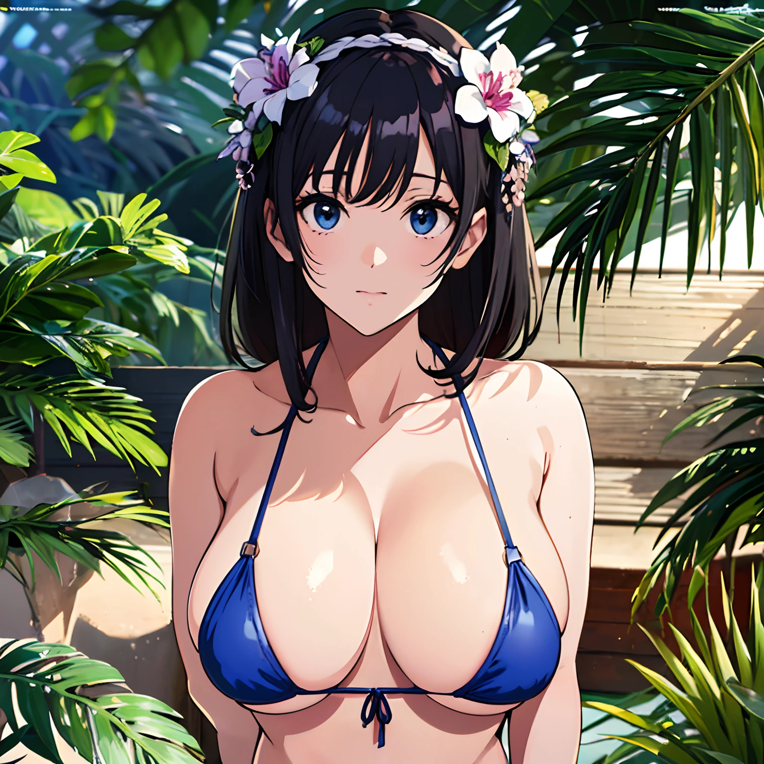 (Best Quality, 8K, masutepiece :1.3),((beautiful boob,protruding areola,,)),Highly detailed,Blue Micro Bikini,Midsummer beach,Blue Sea,A dark-haired