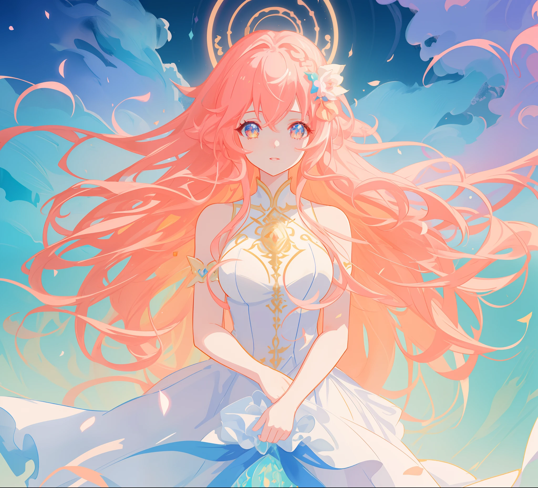 beautiful anime girl in white princess ballgown, vibrant pastel colors, (colorful), magical lights, red and gold long wavy curly hair, sparkling lines of light, inspired by Glen Keane, inspired by Lois van Baarle, disney art style, by Lois van Baarle, glowing aura around her, by Glen Keane, jen bartel, glowing lights! digital painting, flowing glowing hair, glowing flowing hair, beautiful digital illustration, fantasia background, whimsical, magical, fantasy, beautiful face, ((masterpiece, best quality)), intricate details, highly detailed, sharp focus, 8k resolution, sparkling detailed eyes, liquid watercolor