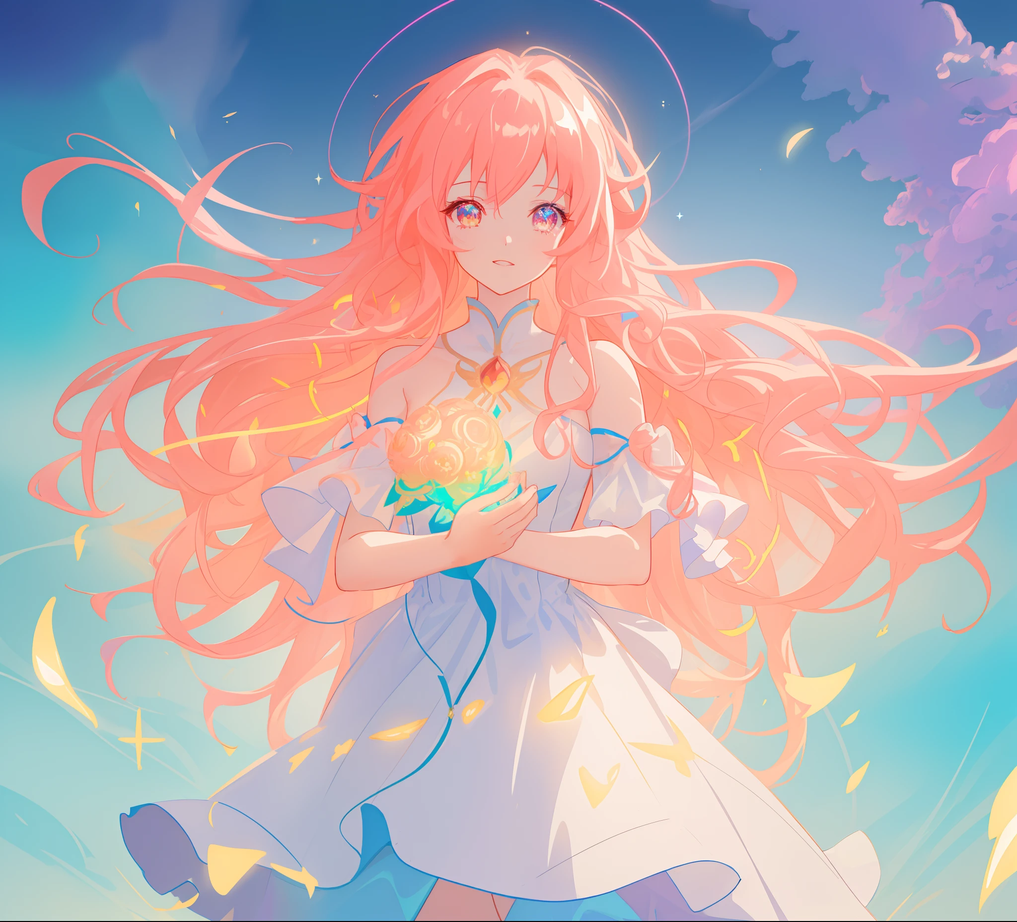 beautiful anime girl in white princess ballgown, vibrant pastel colors, (colorful), magical lights, red and gold long wavy curly hair, sparkling lines of light, inspired by Glen Keane, inspired by Lois van Baarle, disney art style, by Lois van Baarle, glowing aura around her, by Glen Keane, jen bartel, glowing lights! digital painting, flowing glowing hair, glowing flowing hair, beautiful digital illustration, fantasia background, whimsical, magical, fantasy, beautiful face, ((masterpiece, best quality)), intricate details, highly detailed, sharp focus, 8k resolution, sparkling detailed eyes, liquid watercolor