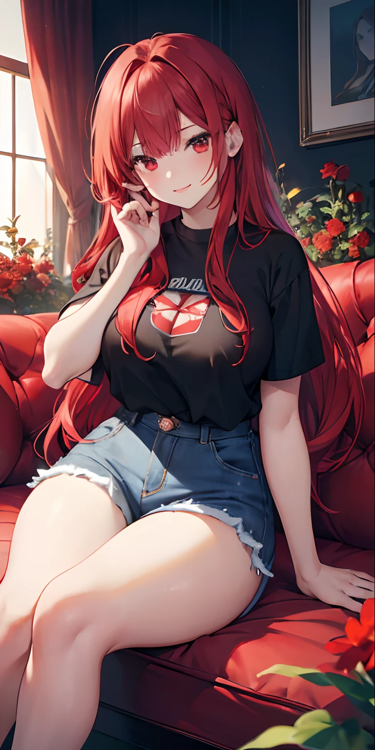 (masterpiece, best quality),1 adult girl with long red hair sitting in a field of red plants and red flowers, mouth, lips, teeth, smiling, red eyes, hand under chin, warm lighting, short black shirt , perfect belly, ripped jeans, medium chest, waist, thick legs, thick thighs, blurred foreground