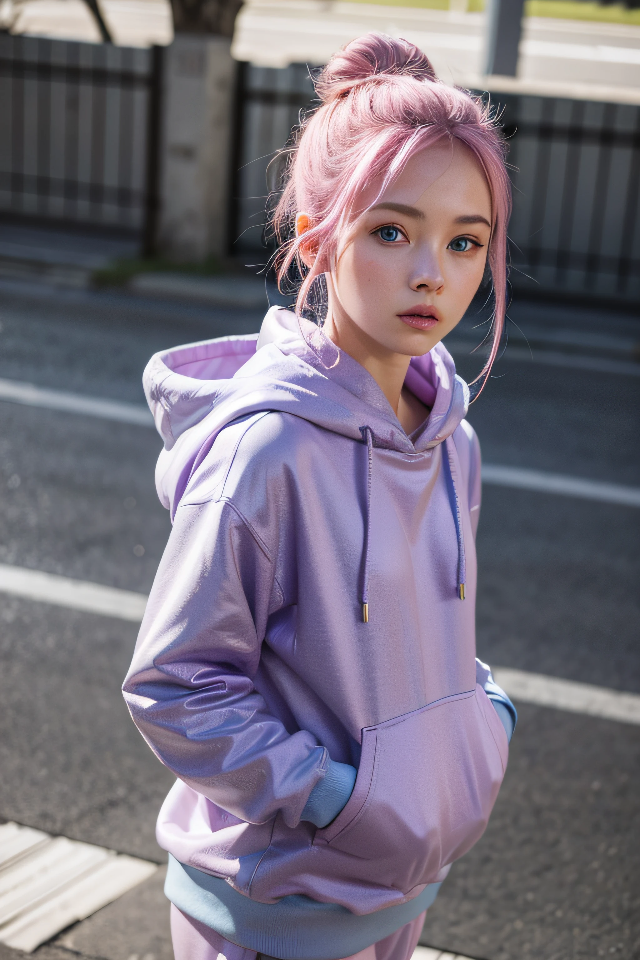 masterpiece, photorealistic, detailed Blue eyes, small nose, pink hair, 2 buns, plain purple hooded sweats, standing, innocent, big boobs, seventeen