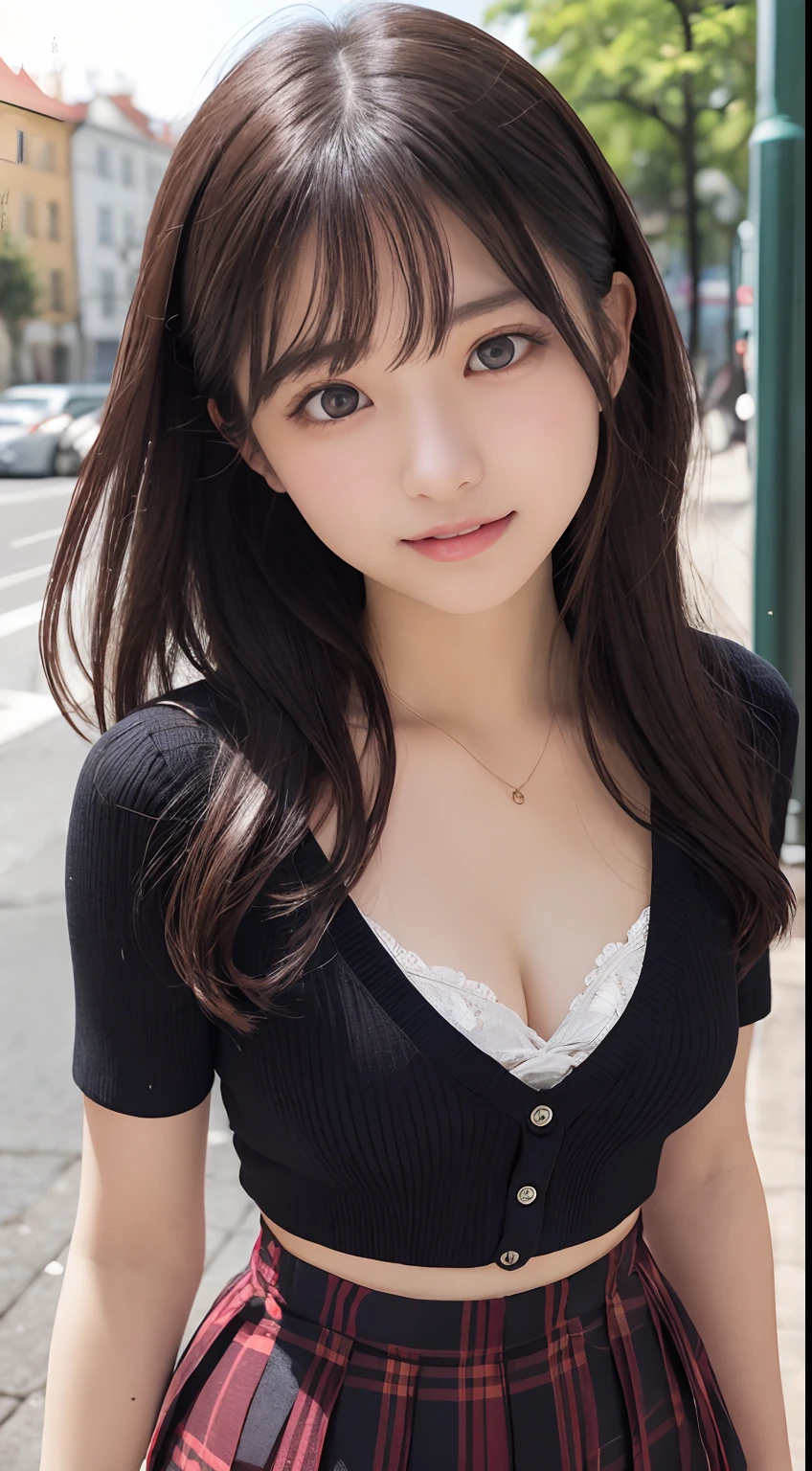 NFSW、Masterpiece、masterpiece、1 girl per 1 photo、(close up of face、cowboy shot)、Straight front view、japanes、Very young pretty woman、(The cutest girl in the world)、12year old、smaller face、large full breasts、cleavage of the breast、Wearing a cute black maid outfit with short sleeves silky satin、Ultra-detailed costumes、Smiling in a café、Headdress with black ribbon、scrunchie、a black choker、Glamorous figure、hyper cute face、shiny lip、Double eyelids in both eyes、 natural make up、long eyeslashes、Shiny smooth light brown hair、bangss、short twin tail hair、asymmetrical bangs、image in center、8K分辨率、high détails、Detailed hairstyles、A detailed face、spectacular movie lighting、octane renderings、with a vibrant、Ultra-realistic、Perfect limbs、perfect anatomia