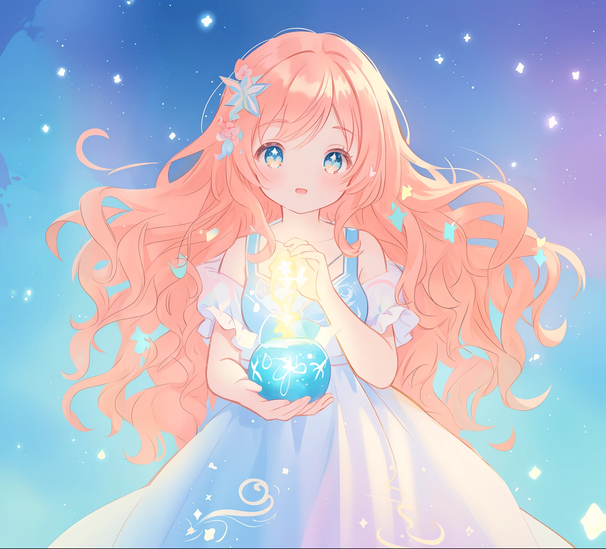 beautiful anime girl in white princess ballgown, vibrant pastel colors, (colorful), magical lights, red and gold long wavy curly hair, sparkling lines of light, inspired by Glen Keane, inspired by Lois van Baarle, disney art style, by Lois van Baarle, glowing aura around her, by Glen Keane, jen bartel, glowing lights! digital painting, flowing glowing hair, glowing flowing hair, beautiful digital illustration, fantasia background, whimsical, magical, fantasy, beautiful face, ((masterpiece, best quality)), intricate details, highly detailed, sharp focus, 8k resolution, sparkling detailed eyes, liquid watercolor
