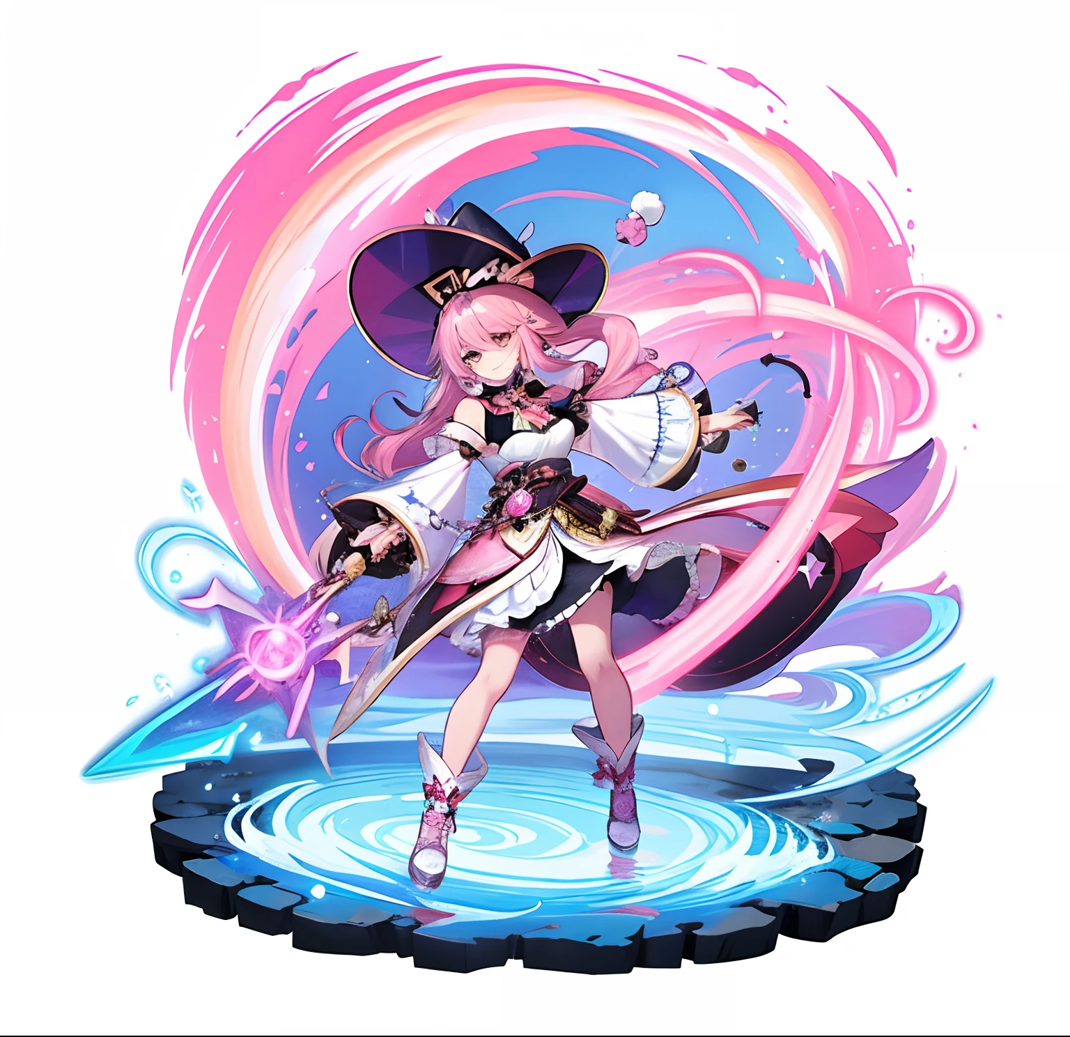 Female with light pink hair and a witch hat, ayaka genshin impact, from the Genshin Impact videogame, from Genshin Impact, keqing from genshin impact, characters from Genshin Impact, best anime 4k konachan wallpaper, Genshin Impact style, official character art, beautiful celestial mage, Genshin Impact, Genshin Impact official art, brown eyes, fair skin, pink theme, full body, Witch, Victorian style clothing, magic, witch hat, black and pink witch hat