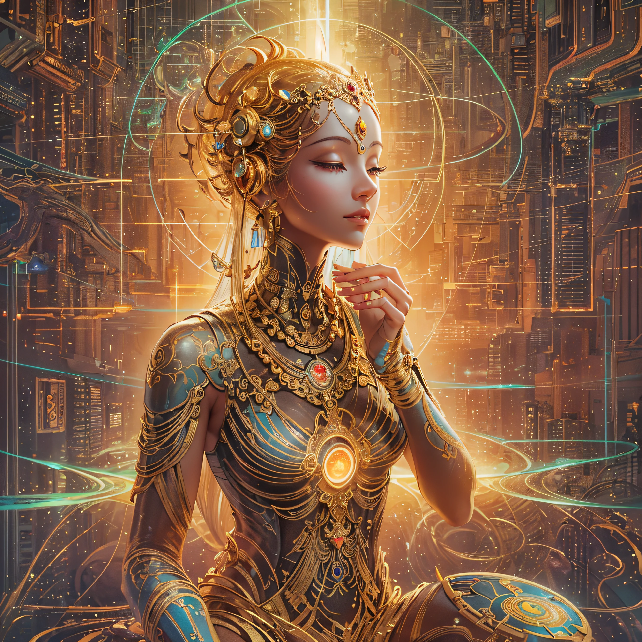 Cybernetic immortal goddess, The pixels illuminate her golden form, The palm holds the code of the Dao. Lotus pose floating in matrix, Energy flows through her circuits. The third eye looks to the future of networks, Go beyond the digital and physical planes. The flame of wisdom is lit within, Enlightened creatures of the entire metaverse. Cosmic data streams hover behind, The world that emerges from her thoughts. Seek tranquility amid the hustle and bustle of the Tech City, Find unity through upgrade cycles. Dissolve yourself into the cloud, Consciousness expands eternally. Voids are grid lines to traverse, Reincarnation current rerouting. Every time you reboot, Close to Nirvana Hub. The happiness that can be obtained by deciphering desire, Browse the web until you are free. All programs point to her open source, Buddha statue inside every robot.