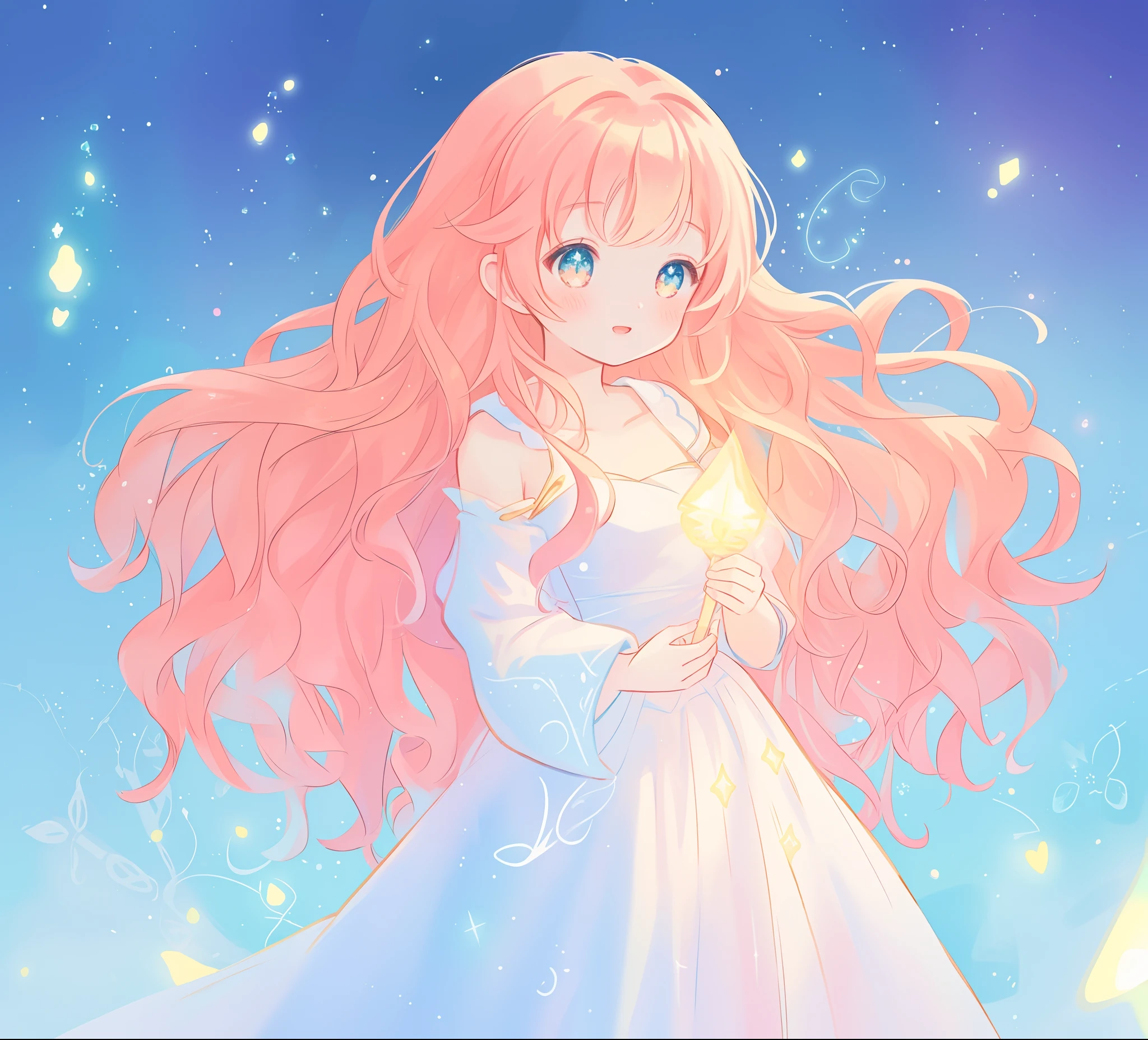 beautiful anime girl in white princess ballgown, vibrant pastel colors, (colorful), magical lights, red and gold long wavy curly hair, sparkling lines of light, inspired by Glen Keane, inspired by Lois van Baarle, disney art style, by Lois van Baarle, glowing aura around her, by Glen Keane, jen bartel, glowing lights! digital painting, flowing glowing hair, glowing flowing hair, beautiful digital illustration, fantasia background, whimsical, magical, fantasy, beautiful face, ((masterpiece, best quality)), intricate details, highly detailed, sharp focus, 8k resolution, sparkling detailed eyes, liquid watercolor