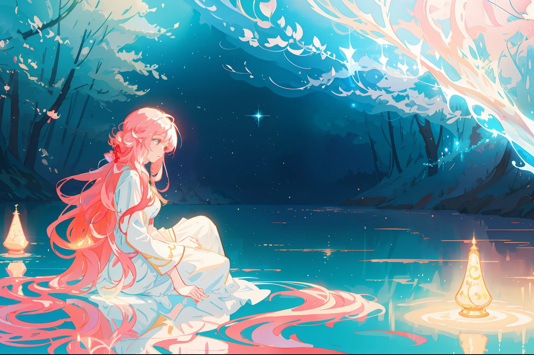 beautiful girl sitting in the water, beautiful anime girl in simple flowing white dress, vibrant pastel colors, (colorful), magical lights, long red hair, sparkling lights, fairy lights, inspired by Glen Keane, inspired by Lois van Baarle, disney art style, by Lois van Baarle, glowing aura around her, by Glen Keane, jen bartel, glowing lights! digital painting, flowing glowing hair, glowing flowing hair, beautiful digital illustration, whimsical, magical, fantasy, beautiful face, ((masterpiece, best quality)), intricate details, highly detailed, sharp focus, 8k resolution, sparkling detailed eyes, liquid watercolor, forest landscape