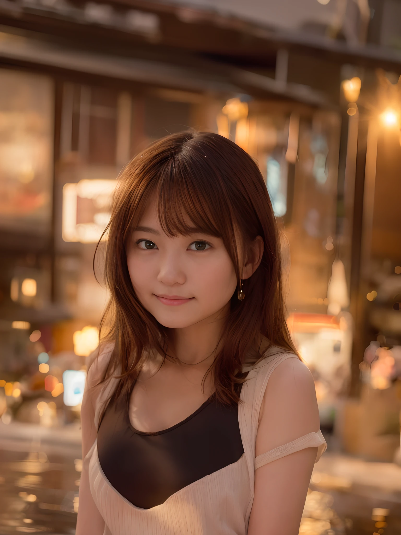 1girl, Tokyo street,night, cityscape,city lights,upper body,close-up,smile,, (8k, RAW photo, best quality, masterpiece:1.2),(realistic, photo-realistic:1.37),