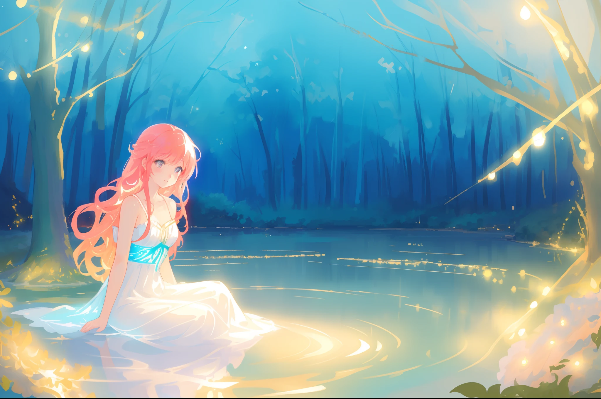 beautiful girl sitting in the water, beautiful anime girl in simple flowing white dress, vibrant pastel colors, (colorful), magical lights, long red hair, sparkling lights, fairy lights, inspired by Glen Keane, inspired by Lois van Baarle, disney art style, by Lois van Baarle, glowing aura around her, by Glen Keane, jen bartel, glowing lights! digital painting, flowing glowing hair, glowing flowing hair, beautiful digital illustration, whimsical, magical, fantasy, beautiful face, ((masterpiece, best quality)), intricate details, highly detailed, sharp focus, 8k resolution, sparkling detailed eyes, liquid watercolor, forest landscape