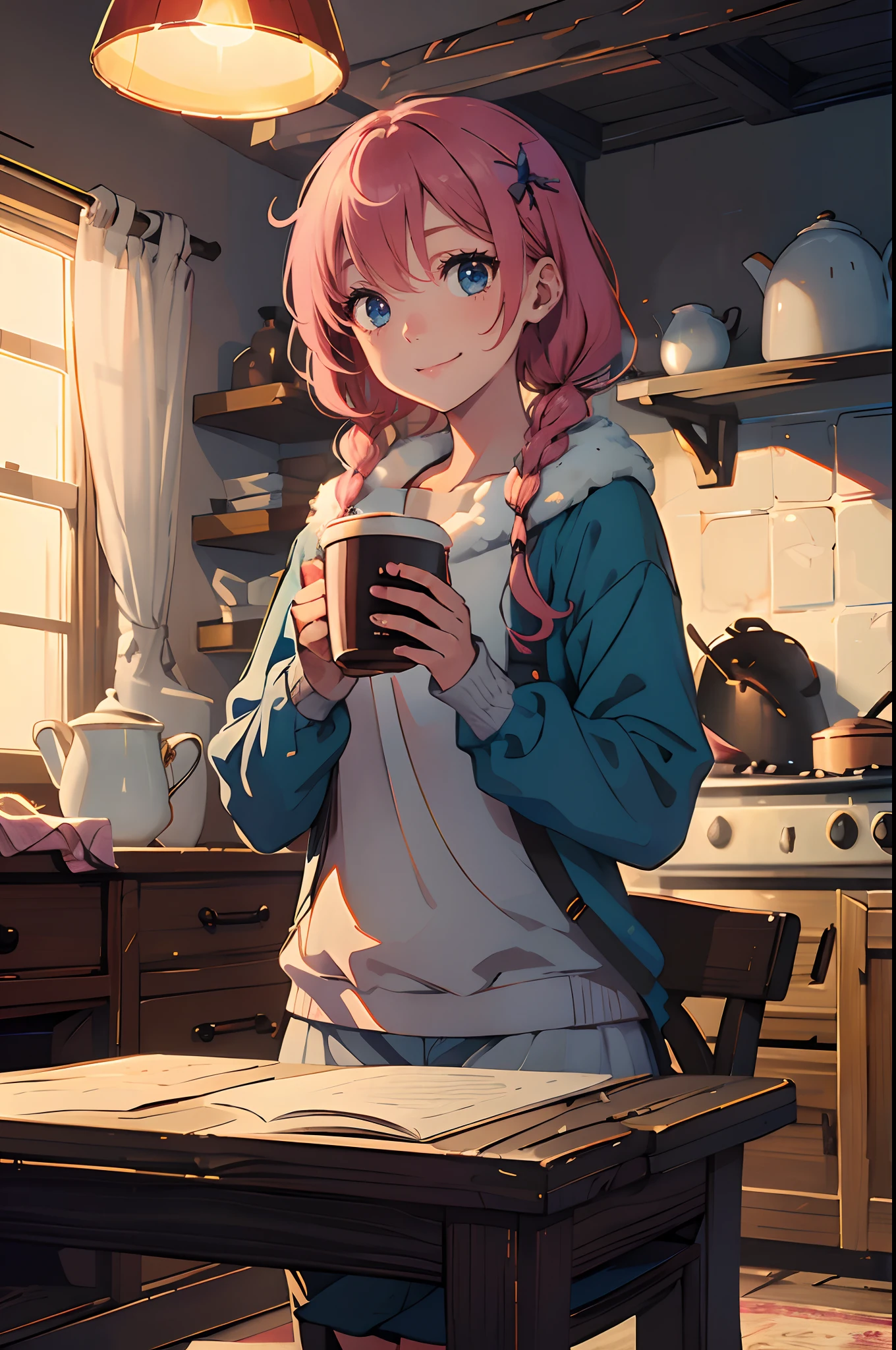 A young girl with long orange-pink hair and blue eyes holding a cup of hot chocolate. The weather is becoming colder, and winter is coming. She is inside the house, cozy and warm, enjoying her cup of hot chocolate. Simple background.