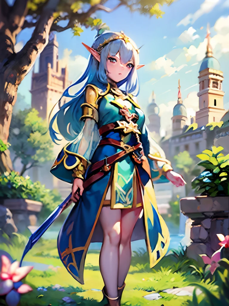 Anime girl with blue hair and blue dress holding sword, alluring elf princess knight, elf princess, elf princess knight, Elf Girl, elf queen, portrait of an elf queen, elf queen, beautiful elf with ornate robes, cushart krenz key art feminine, beautiful and elegant elf queen, blue elf, lalafell, astri lohne