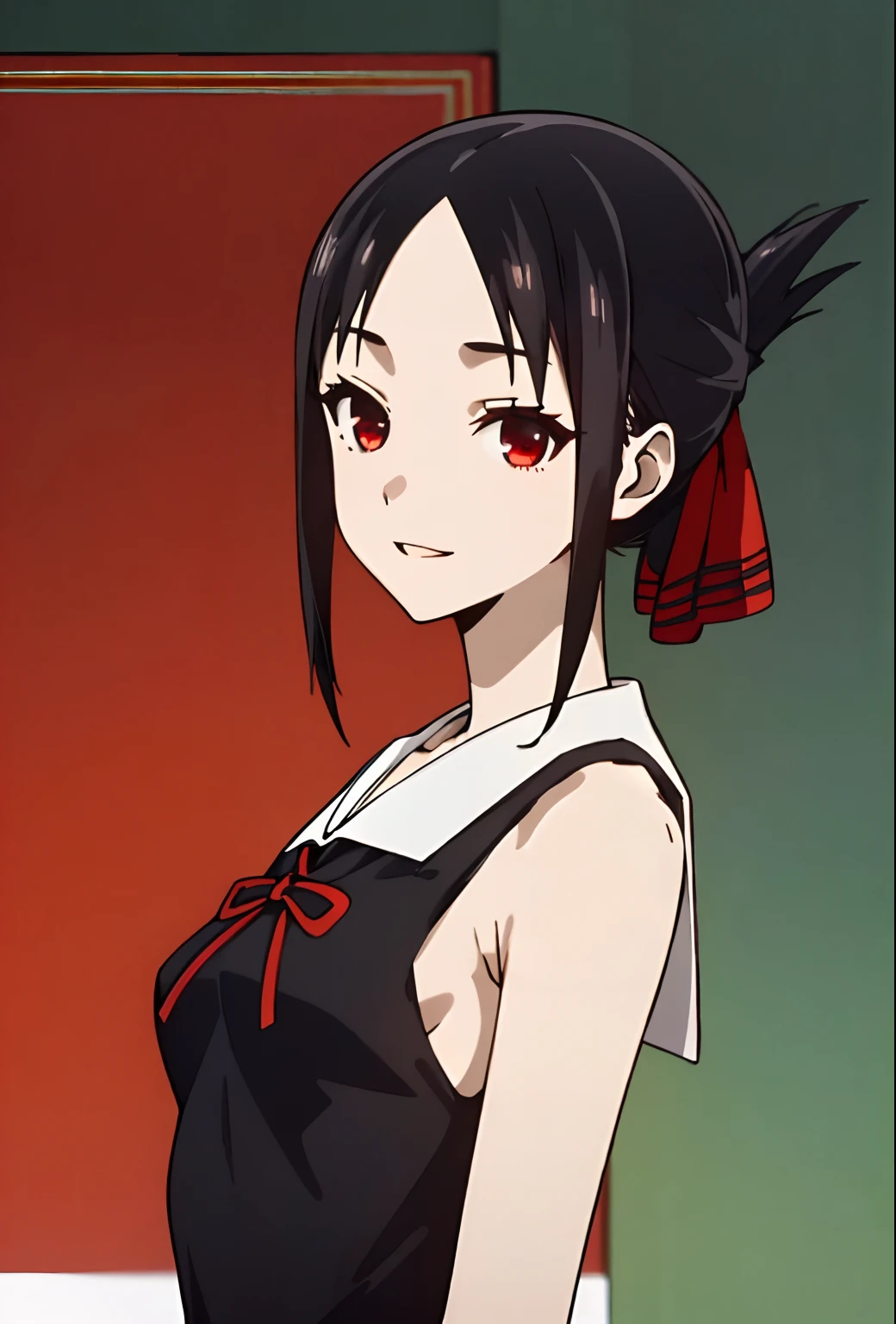 1girl,alone,kaguya shinomiya,best quality (masterpiece: 1.2),detailed,closed mouth,light smile, black hair, red eyes, short hair, folded ponytail, hair ribbon, black tank top, tight shirt, blue jeans, skinny jeans, exposed waist, red ribbon, medium breasts, medium waist, wide hips, medium thighs , round butt, from behind, looking at viewer, pov (from below, ((upper body)), perfect anatomy, perfect hands
