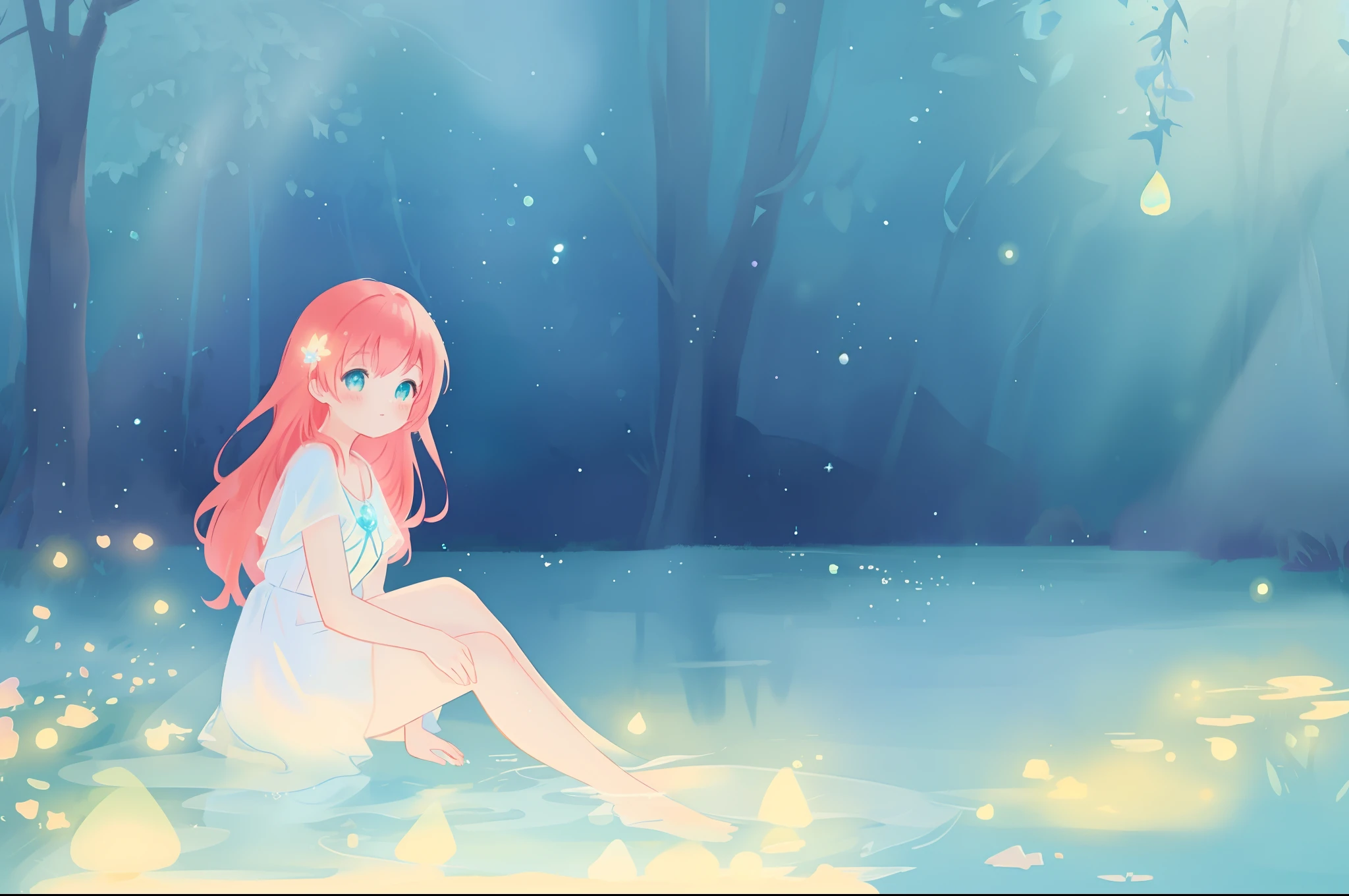beautiful girl sitting in the water, beautiful anime girl in simple flowing white dress, vibrant pastel colors, (colorful), magical lights, long red hair, sparkling lights, fairy lights, inspired by Glen Keane, inspired by Lois van Baarle, disney art style, by Lois van Baarle, glowing aura around her, by Glen Keane, jen bartel, glowing lights! digital painting, flowing glowing hair, glowing flowing hair, beautiful digital illustration, whimsical, magical, fantasy, beautiful face, ((masterpiece, best quality)), intricate details, highly detailed, sharp focus, 8k resolution, sparkling detailed eyes, liquid watercolor, forest landscape